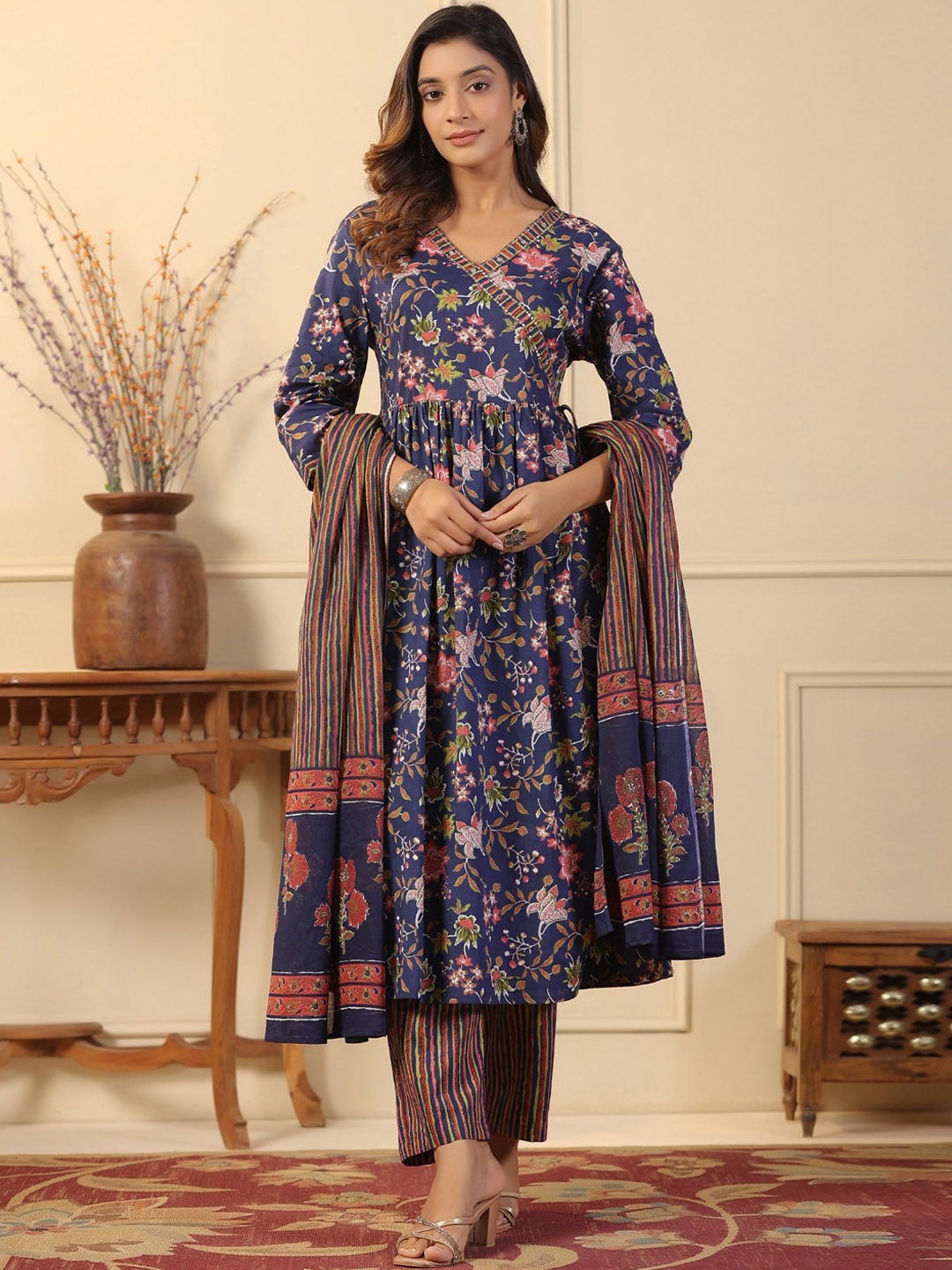 Readiprint Floral Printed Pure Cotton Anarkali Kurta with Tousers & Dupatta, Blue