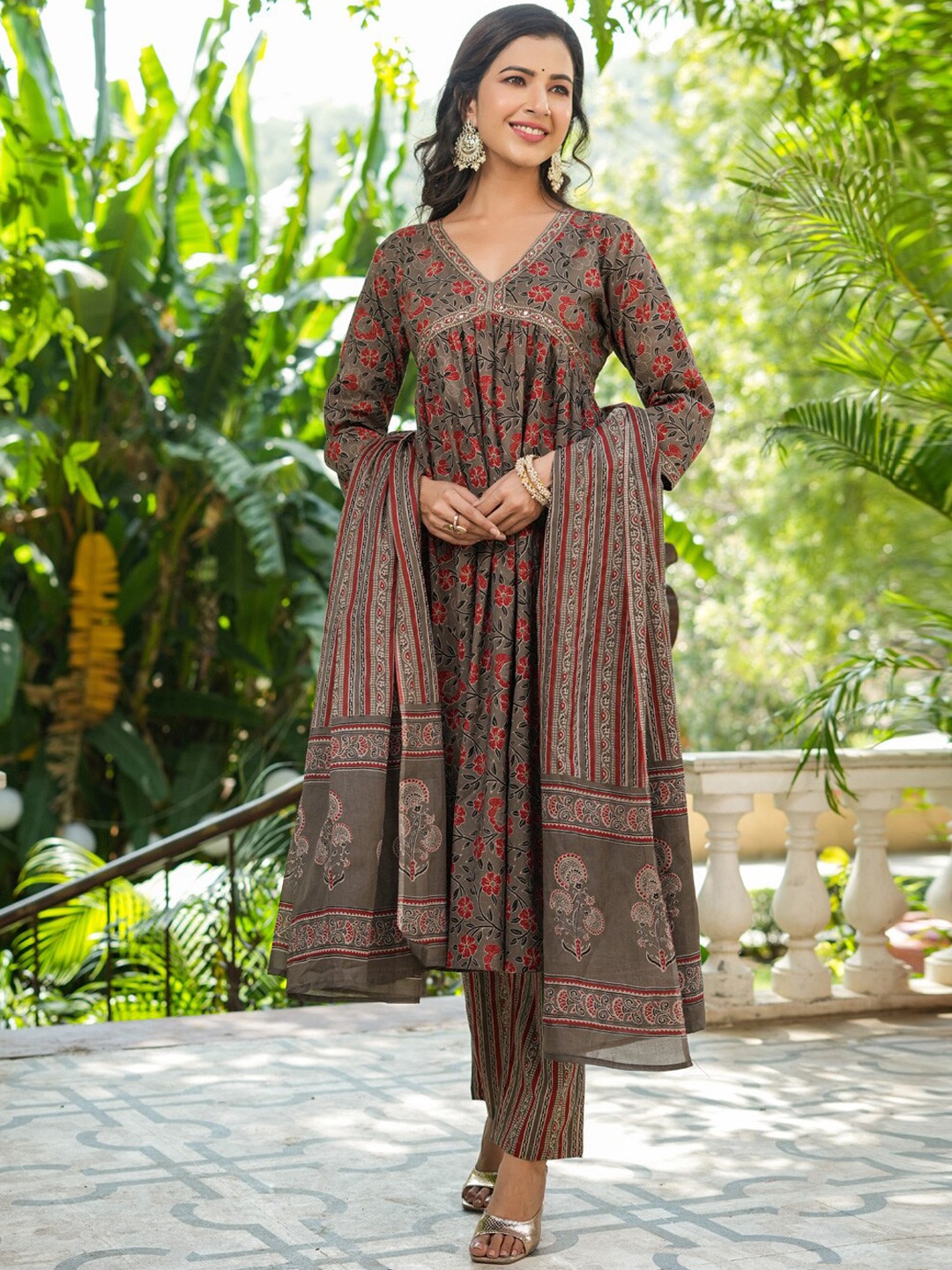 Readiprint Floral Printed Pleated Pure Cotton Kurta With Palazzos & Dupatta, Brown