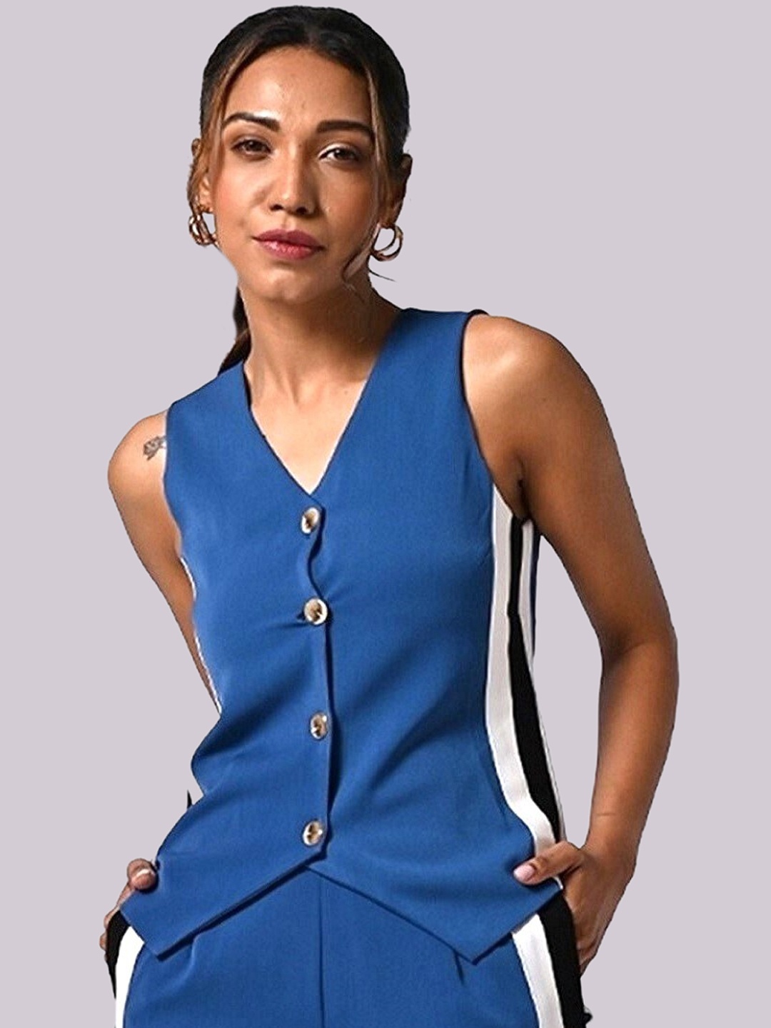 

MISSY Women Striped Woven V-Neck Slim-Fit Waistcoat, Blue