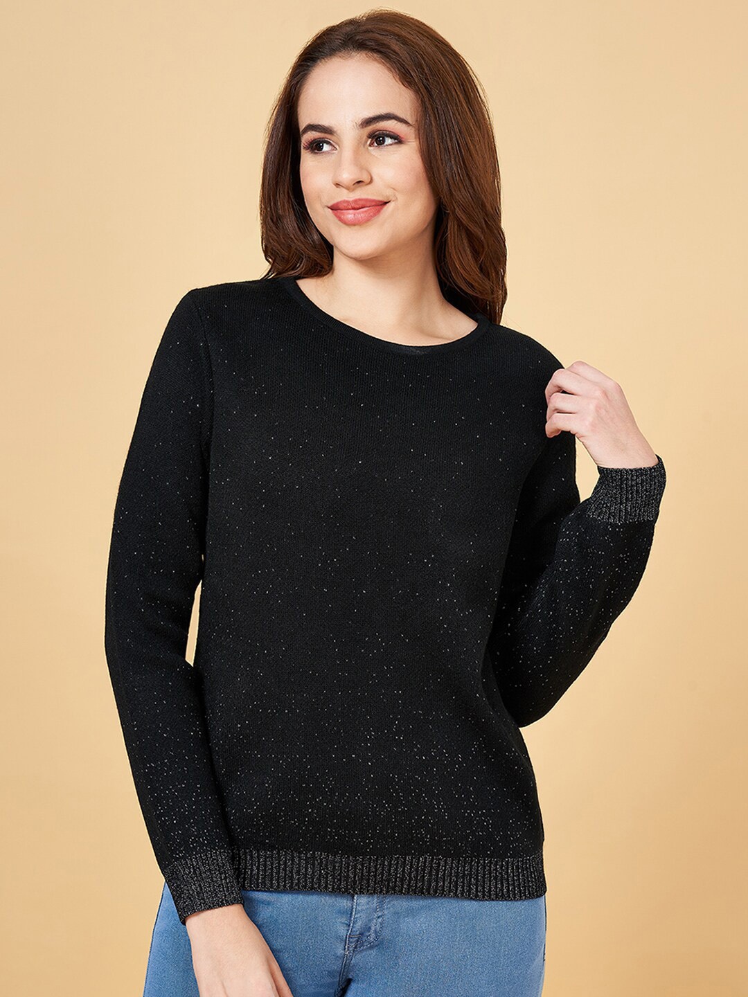 

People Black Round Neck Embellished Pullover