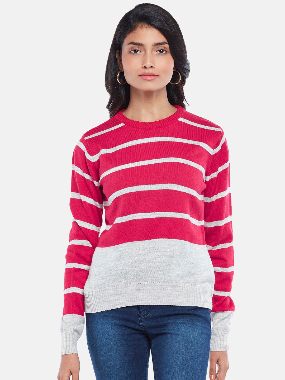 

People Pink & Grey Striped Round Neck Pullover