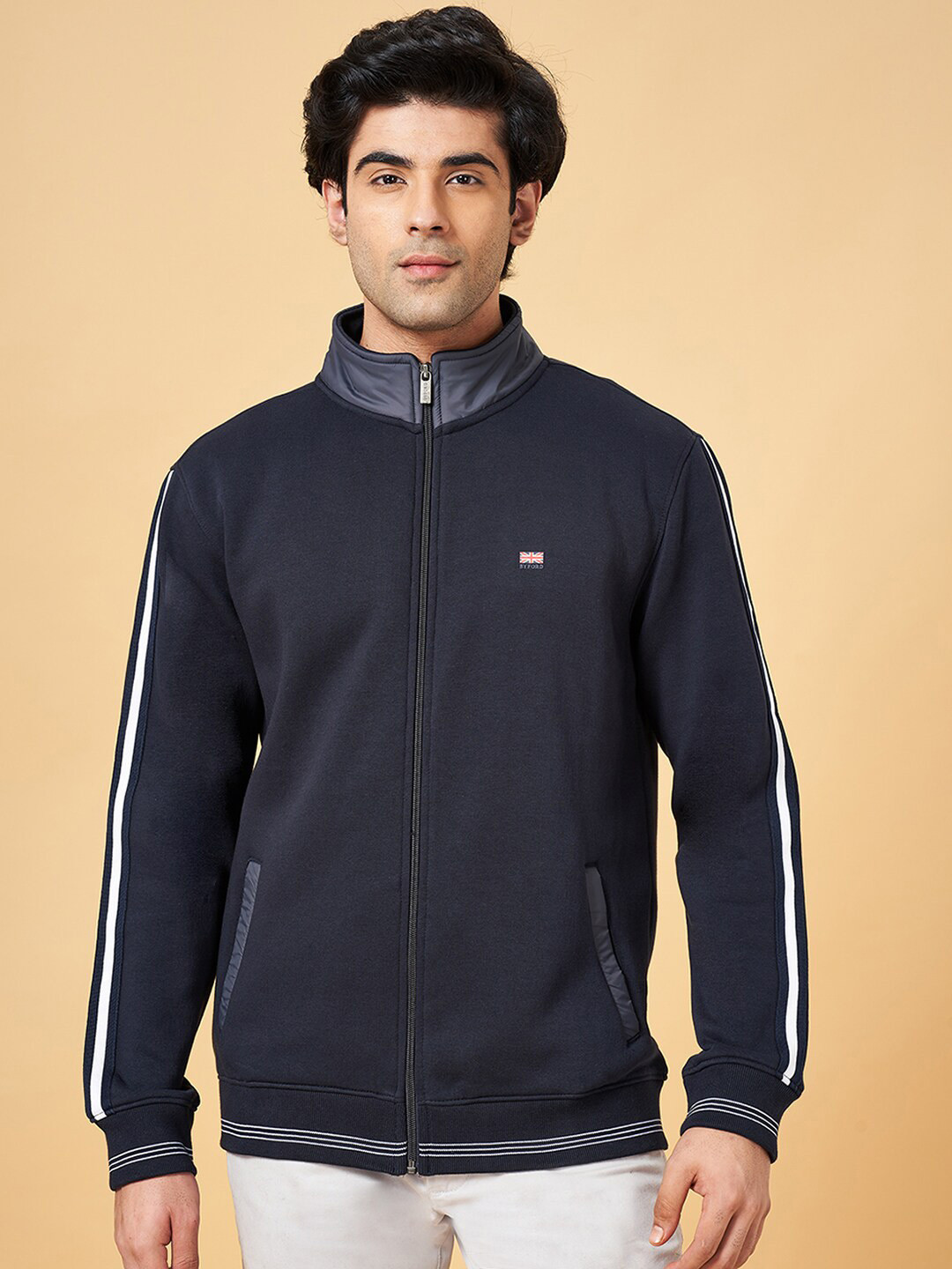 

BYFORD by Pantaloons Mock Collar Front Open Sweatshirt, Navy blue