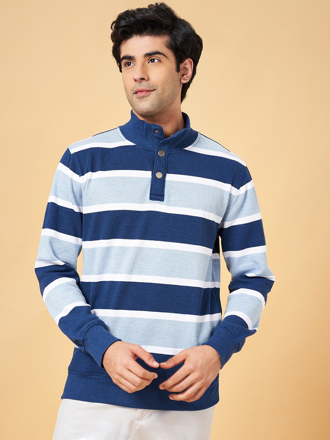 BYFORD by Pantaloons Striped Mock Collar Pullover, Blue
