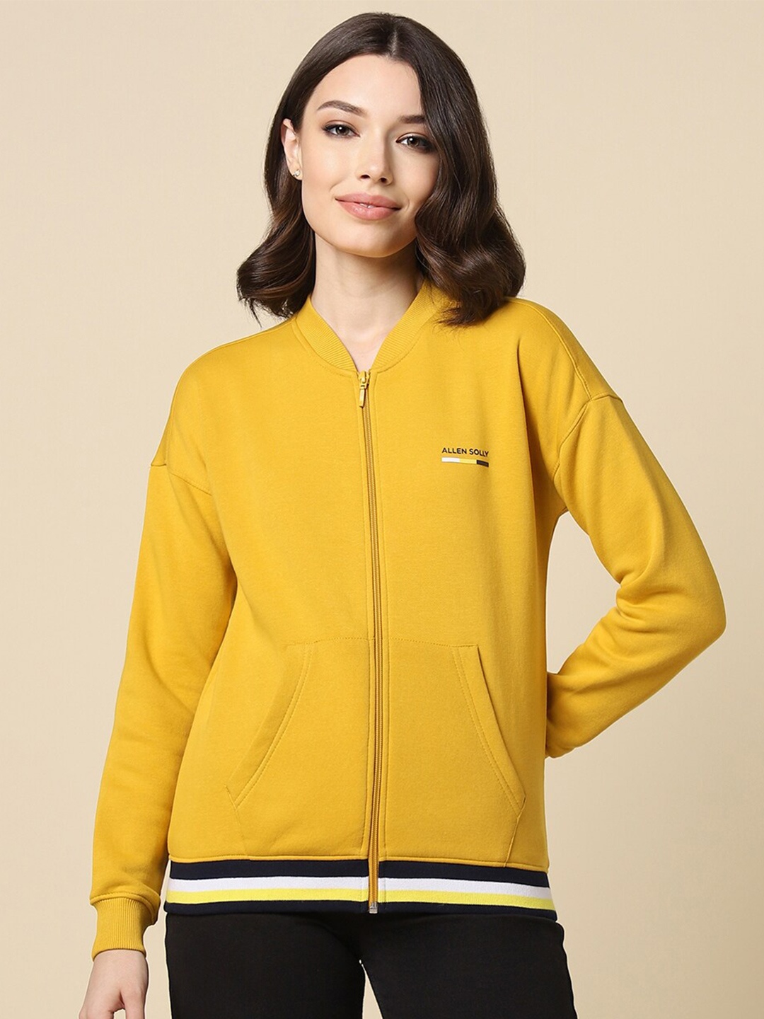 

Allen Solly Woman Henley Neck Front-Open Sweatshirt, Yellow