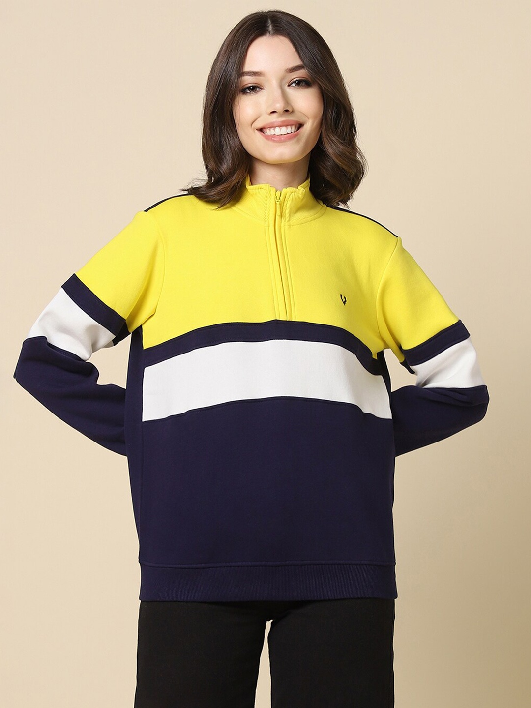 

Allen Solly Woman Colourblocked Pullover Sweatshirt, Navy blue