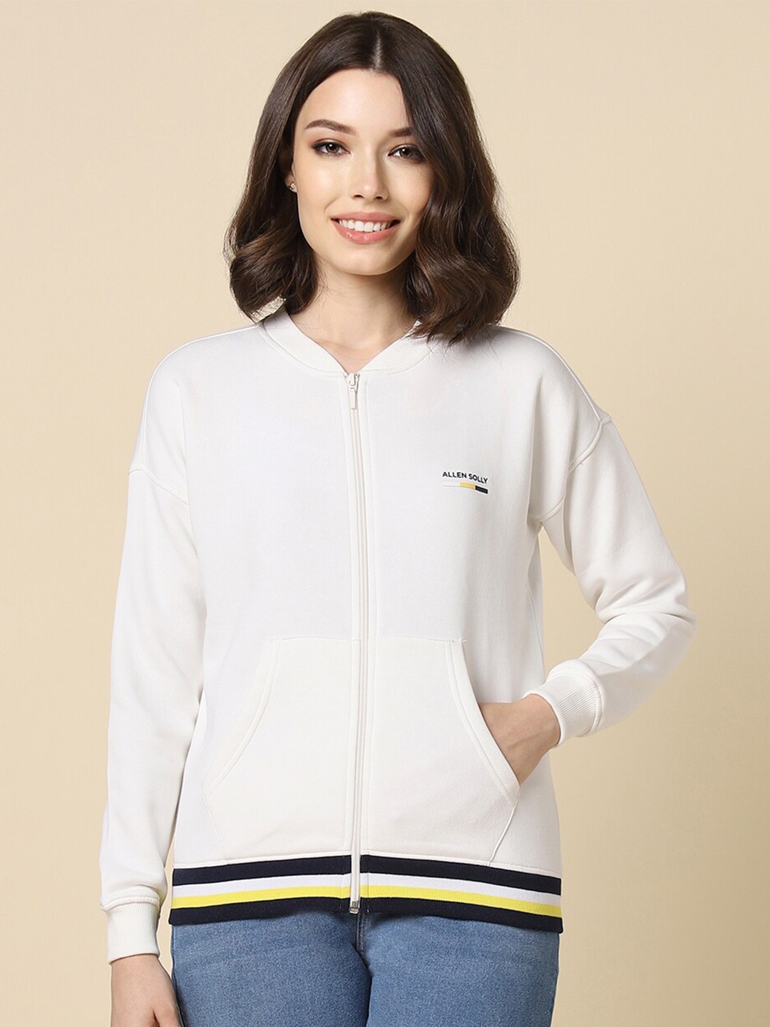 Allen Solly Woman V-Neck Front Open Sweatshirt, White