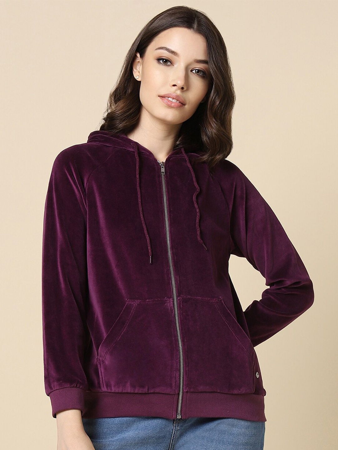 Allen Solly Woman Hooded Front-Open Sweatshirt, Purple