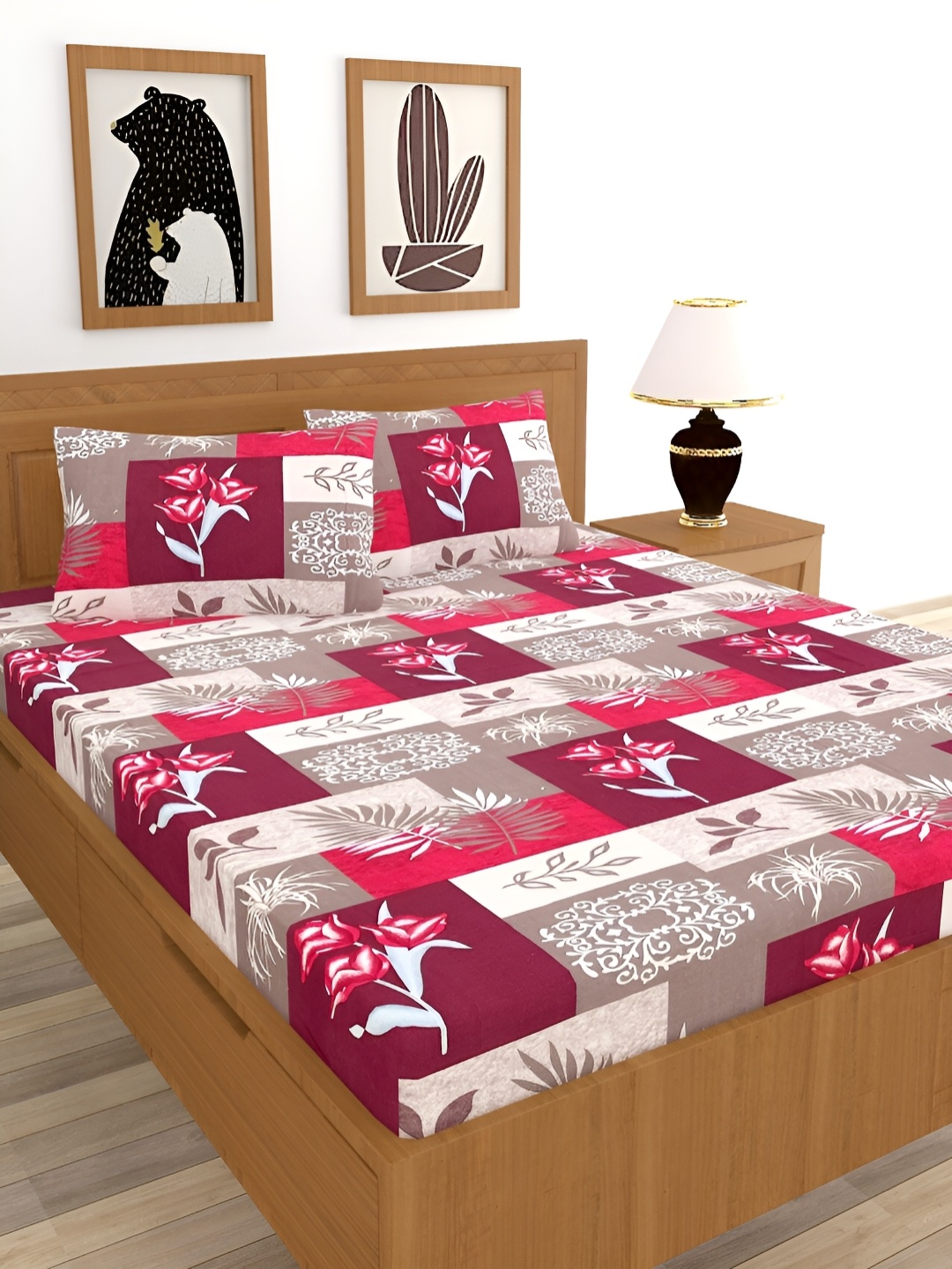

BREVARD Pink & White Floral Printed 210 TC Cotton Queen Bedsheet With 2 Pillow Covers