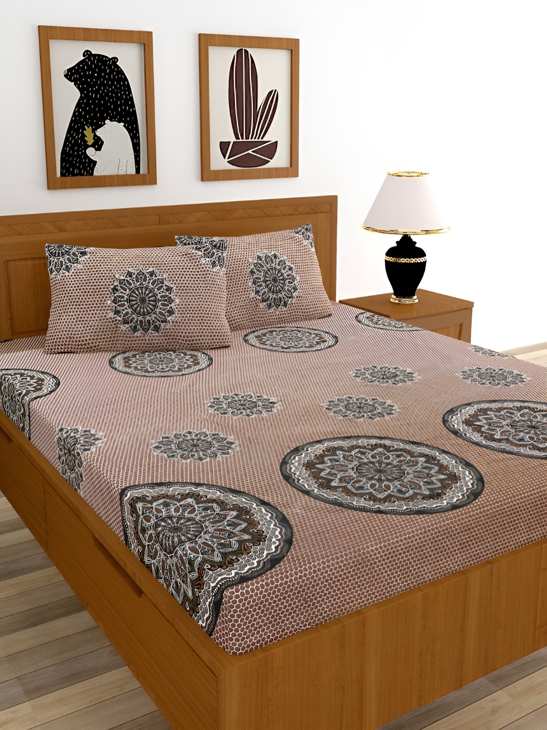 

BREVARD Brown Ethnic Motifs Cotton 210 TC Queen Bedsheet with 2 Pillow Covers