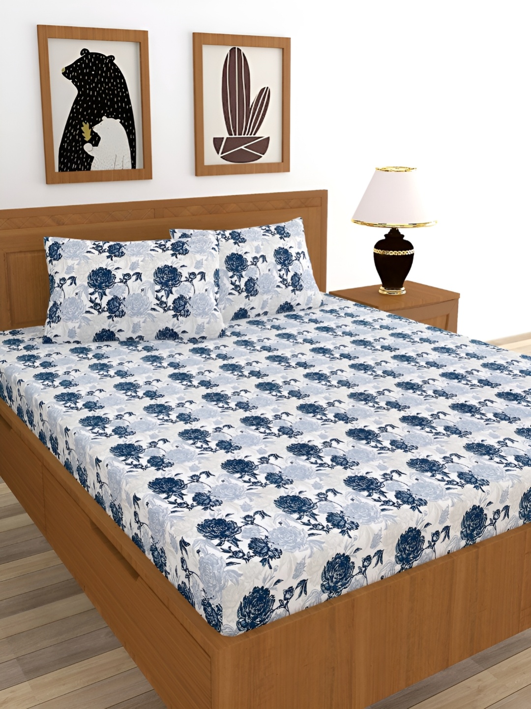 

BREVARD Off white & Blue Floral Cotton 210 TC Queen Bedsheet with 2 Pillow Covers