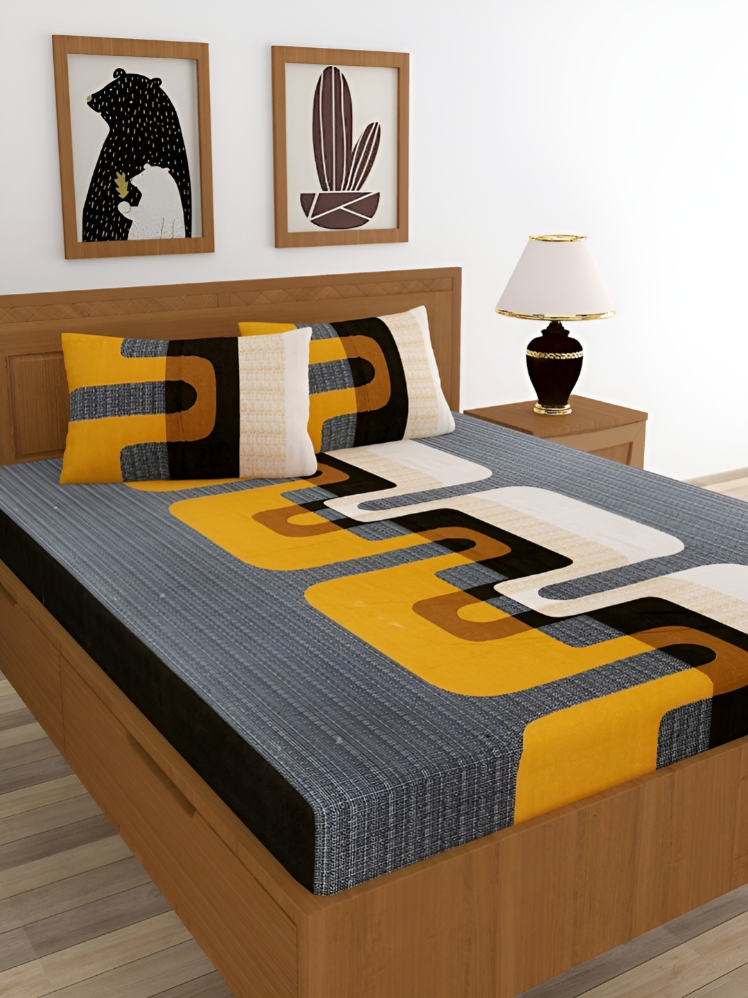 

BREVARD Grey & Yellow Cotton 210 TC Queen Bedsheet with 2 Pillow Covers