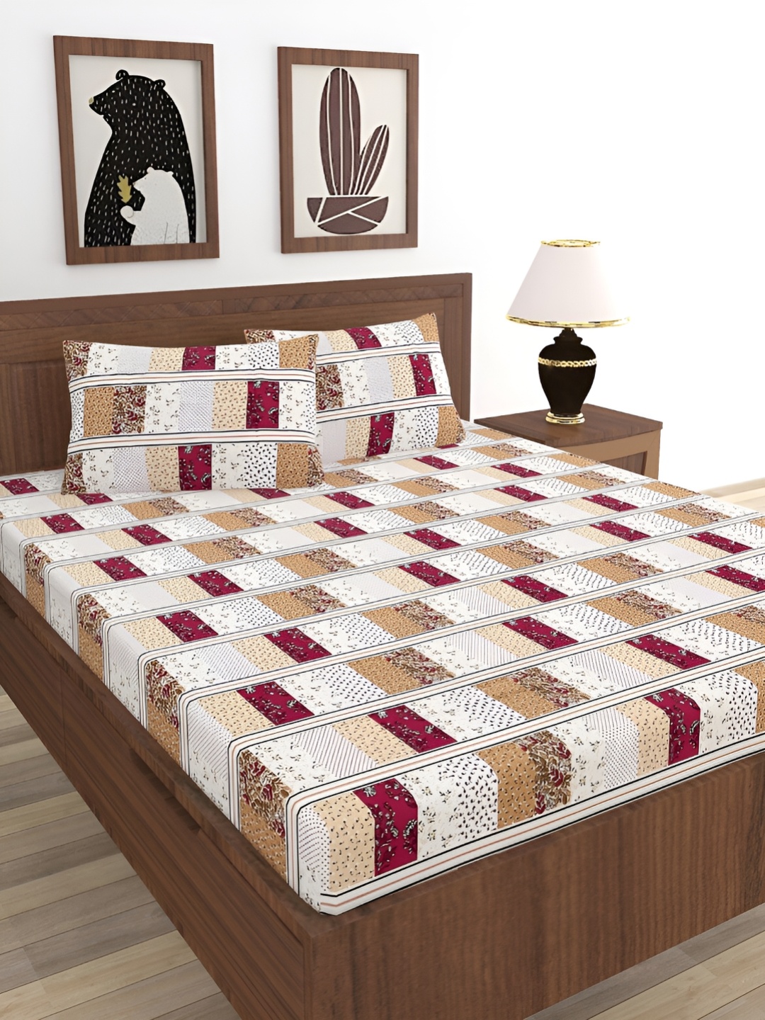 

BREVARD Brown & White Geometric Cotton 210 TC Queen Bedsheet with 2 Pillow Covers