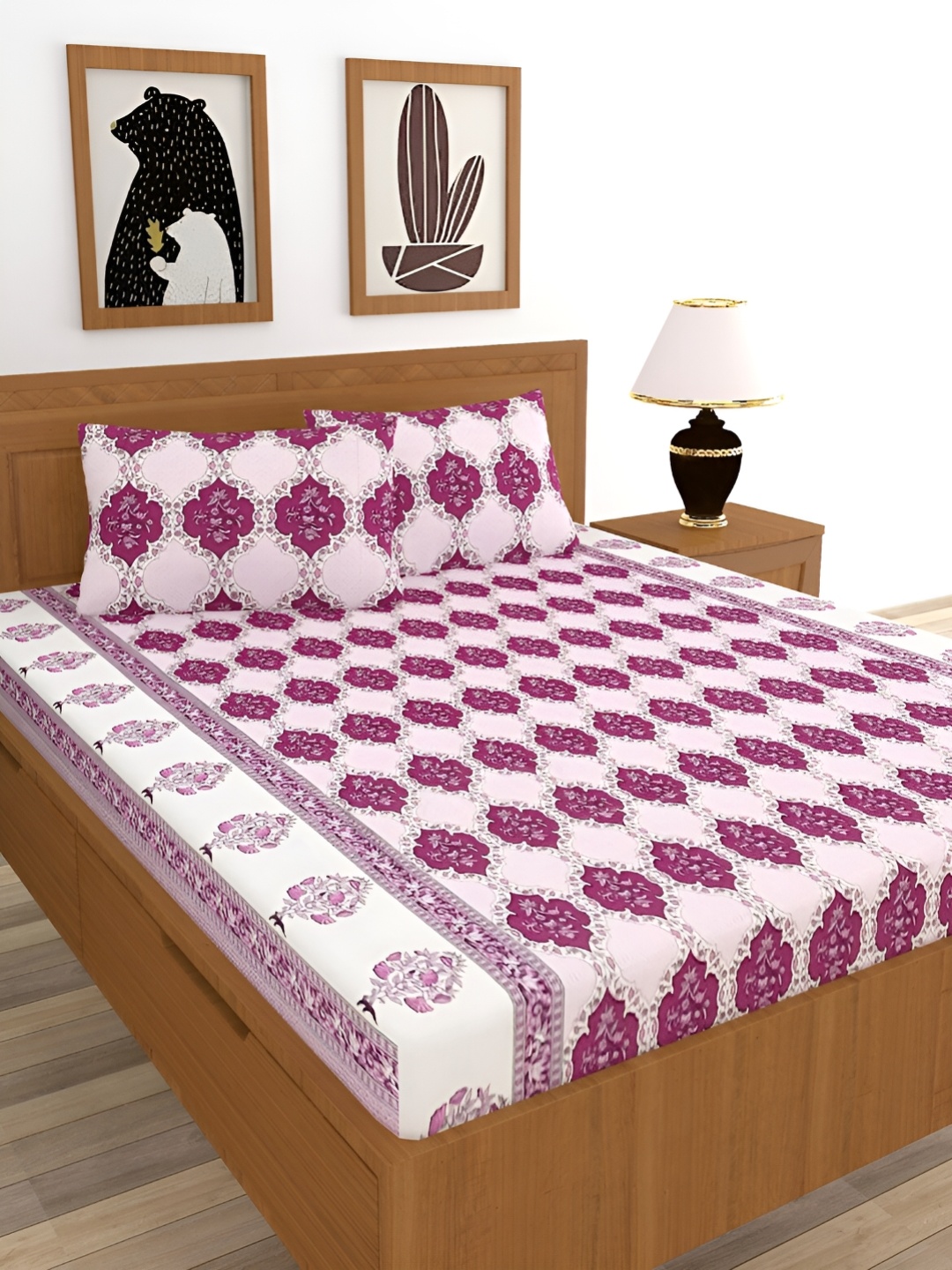 

BREVARD Pink & Magenta Ethnic Motifs 210 TC Fitted Queen Bedsheet with 2 Pillow Covers
