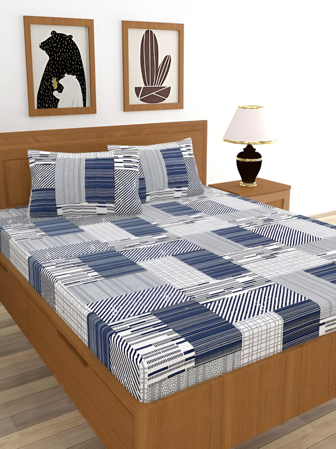 

BREVARD Blue & Grey Printed Cotton 210 TC Queen Bedsheet With 2 Pillow Covers