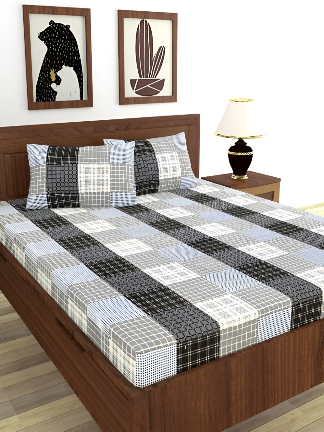 

BREVARD Grey & Black Geometric Printed 210 TC Fitted Queen Bedsheet With 2 Pillow Covers
