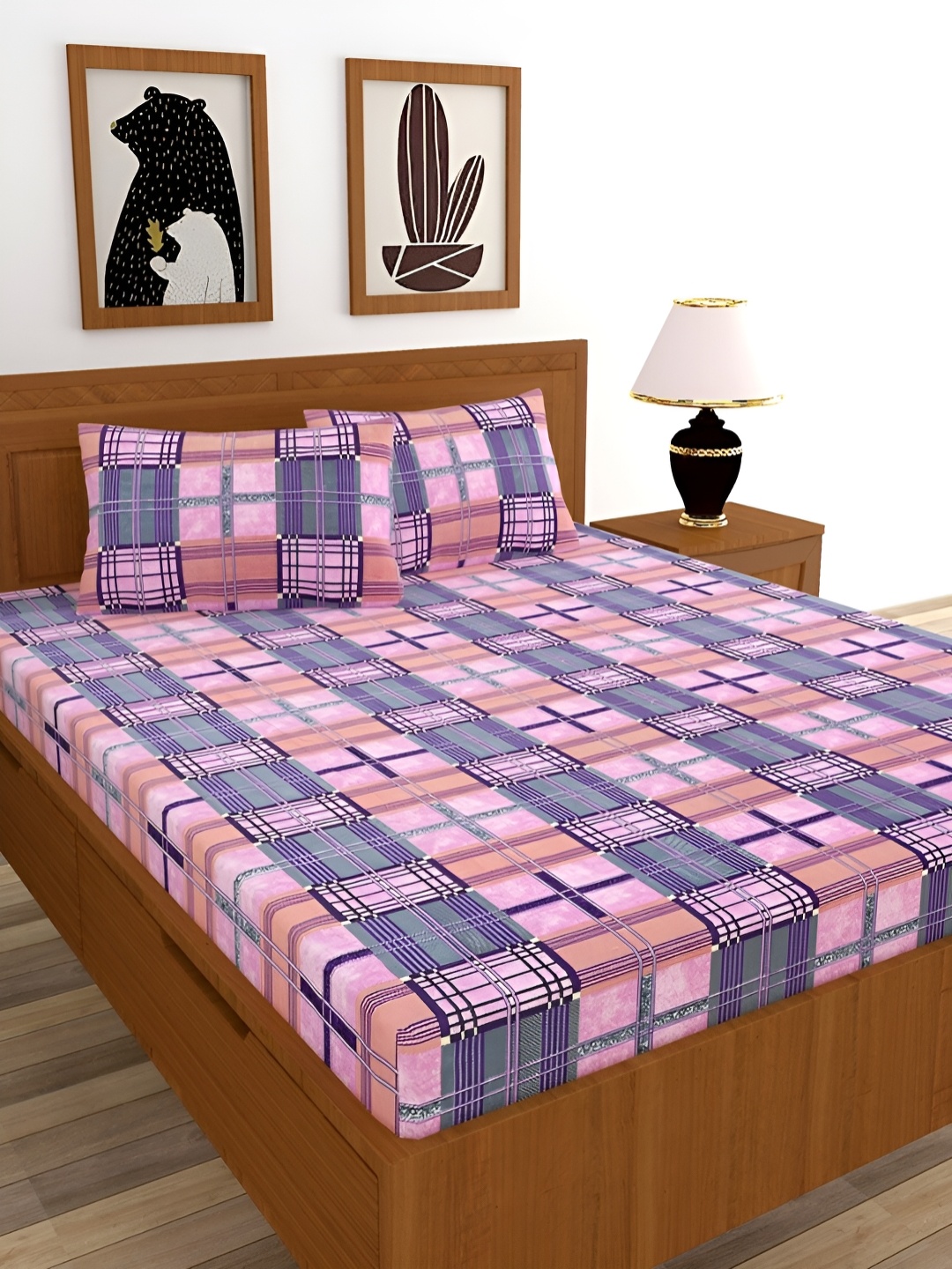 

BREVARD Pink & Blue Geometric 210 TC Queen Bedsheet With 2 Pillow Covers