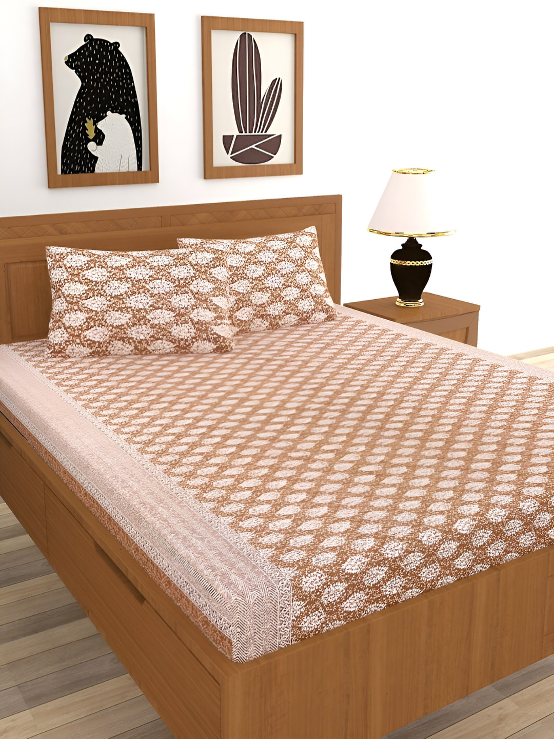 

BREVARD Brown & White Floral Print Cotton 210 TC Queen Bedsheet With 2 Pillow Covers