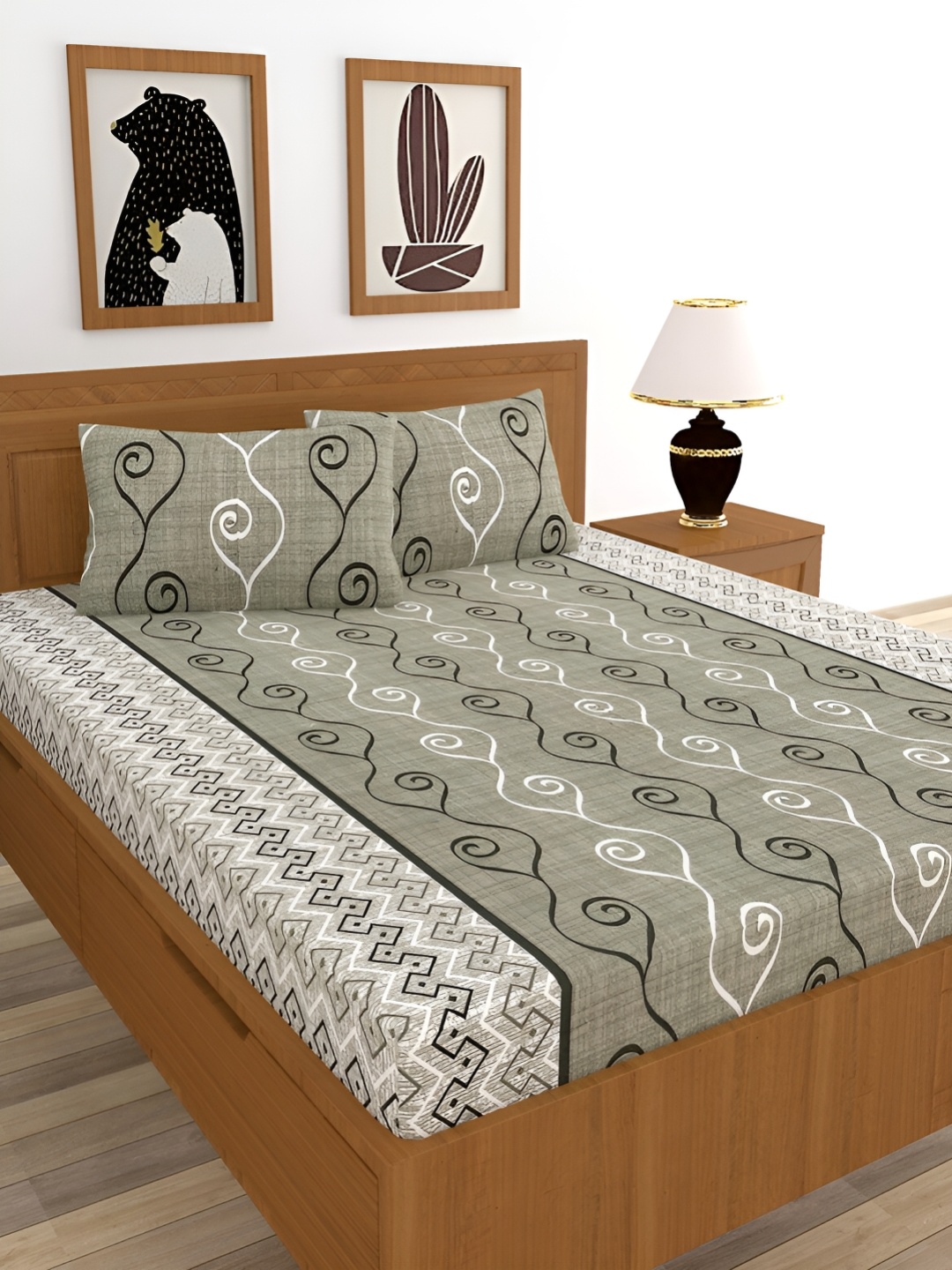 

BREVARD Green Geometric Cotton 210 TC Queen Bedsheet With 2 Pillow Covers