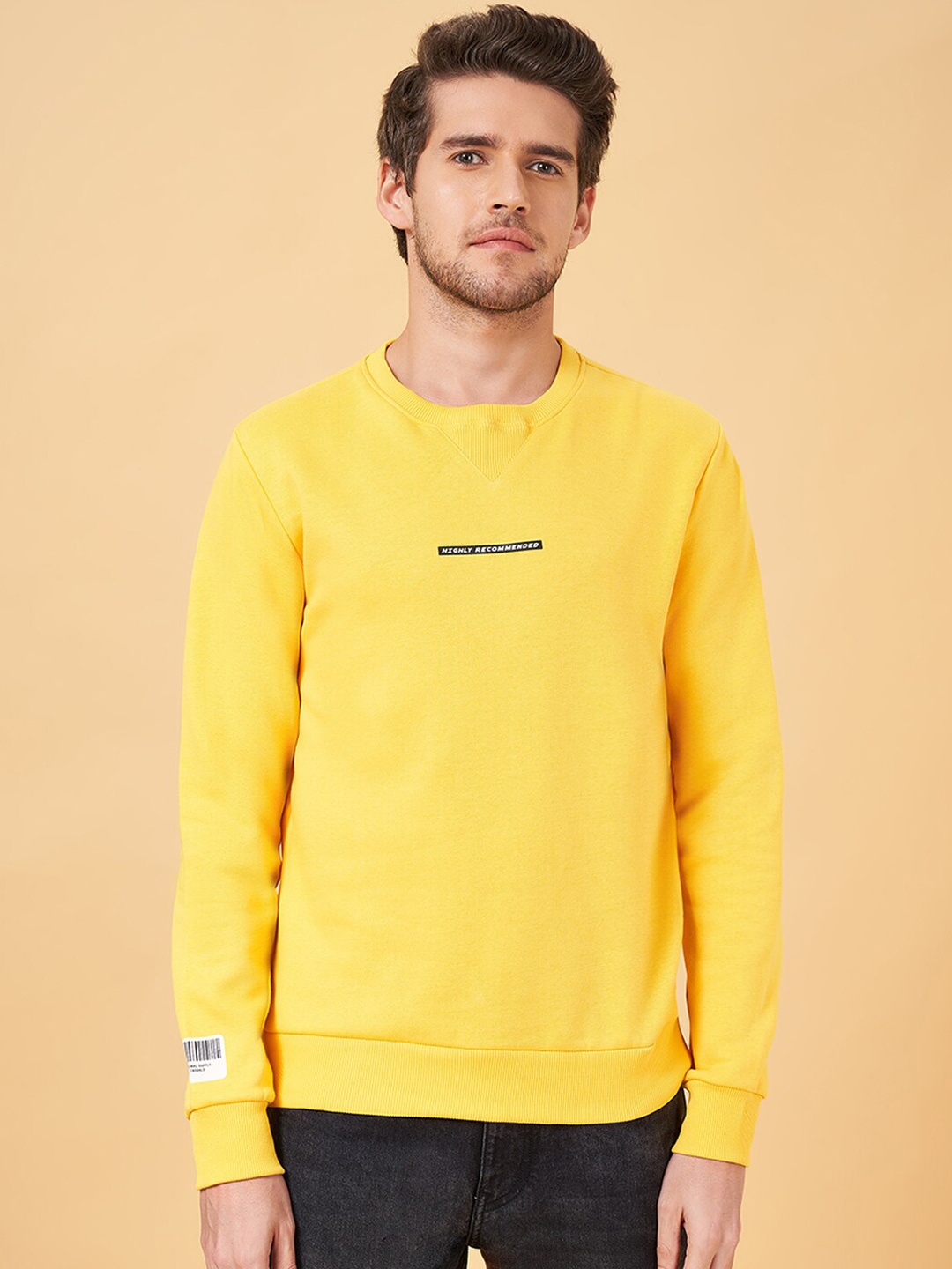 People Yellow Typography Printed Round Neck Pullover Sweatshirt