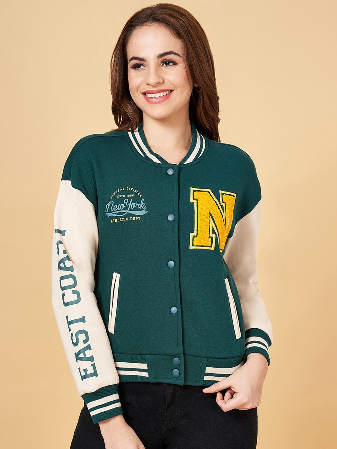 People Typography Printed Mock Collar Front-Open Sweatshirt, Green
