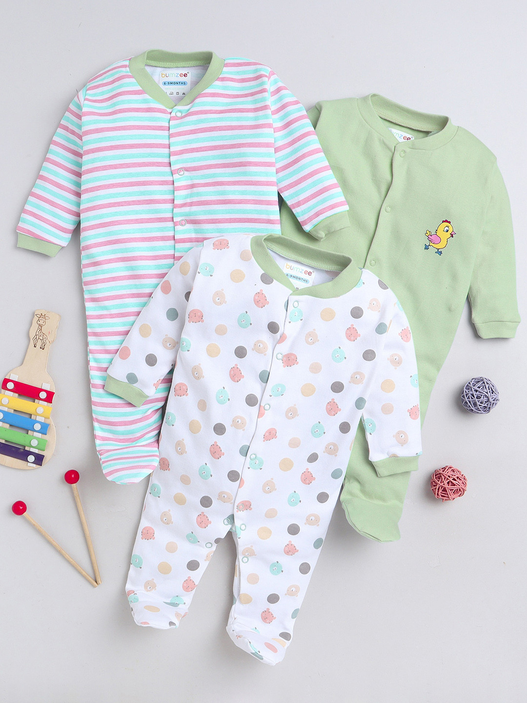 

BUMZEE Infant Girls Pack Of 3 Printed Cotton Sleepsuits, Green