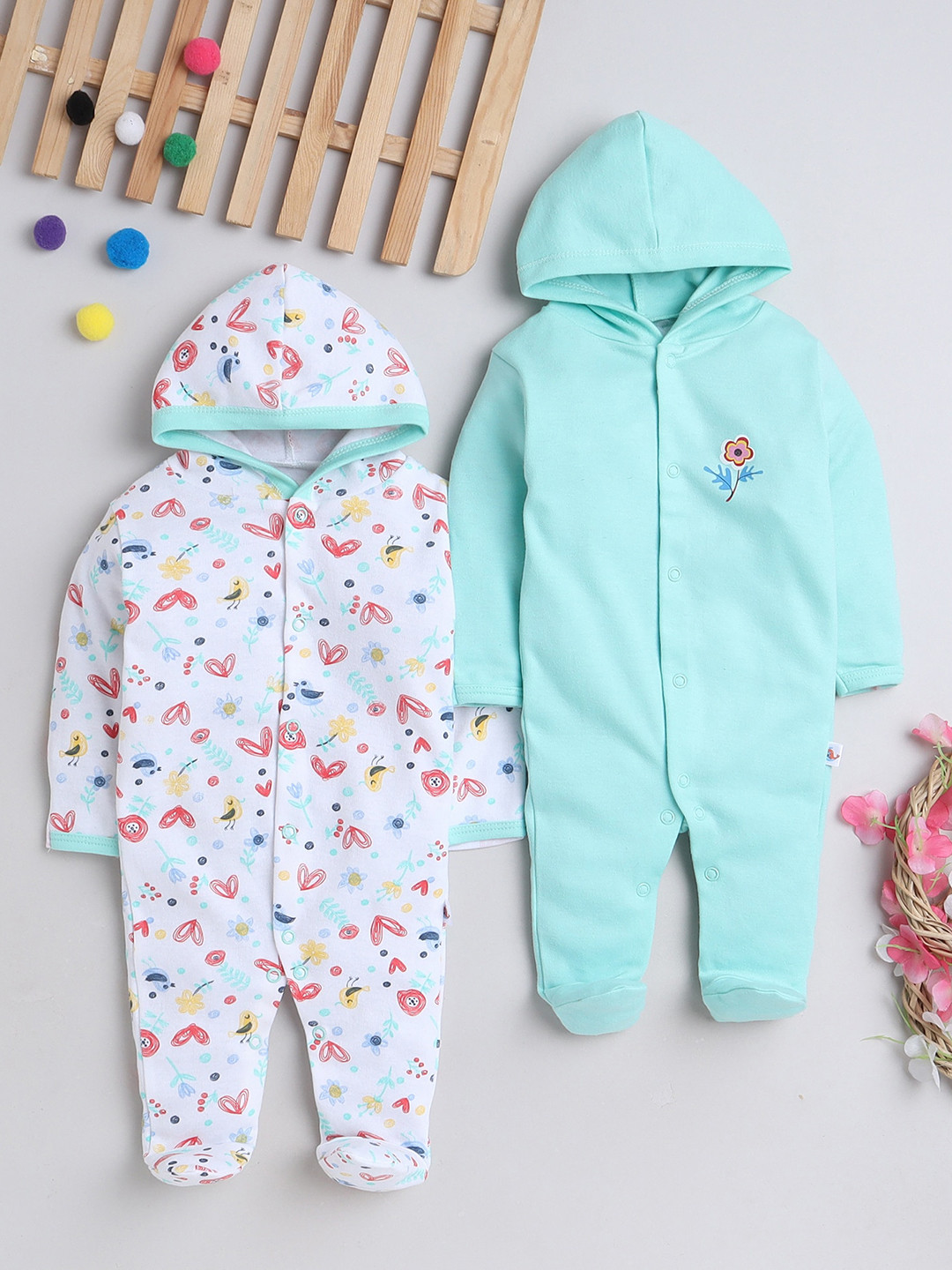 

BUMZEE Infant Girls Pack Of 2 Printed Hooded Cotton Sleepsuit, Green