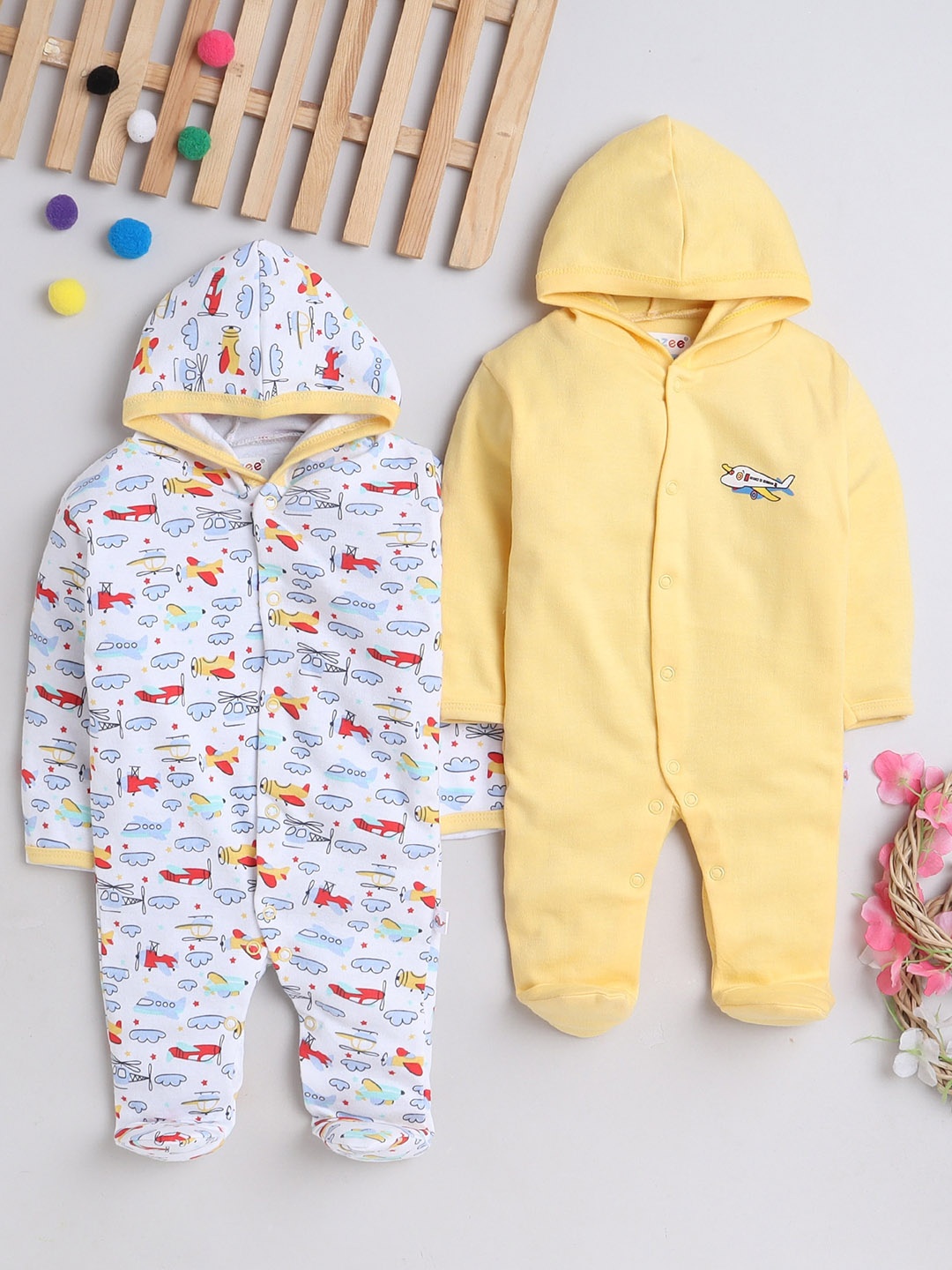 

BUMZEE Infant Girls Pack Of 2 Printed Hooded Cotton Sleepsuit, White