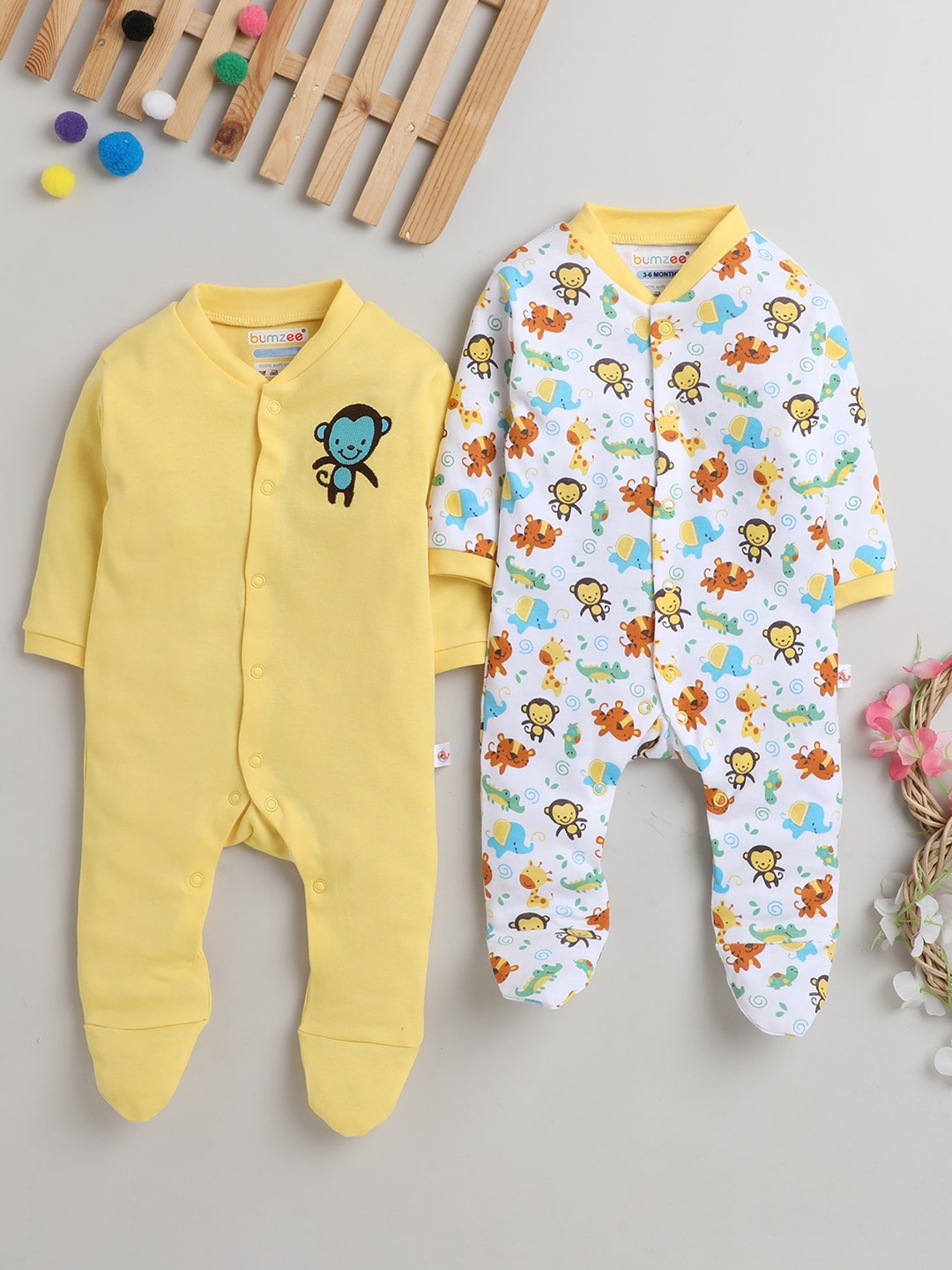 

BUMZEE Infant Boys Pack Of 2 Printed Cotton Sleepsuit, White