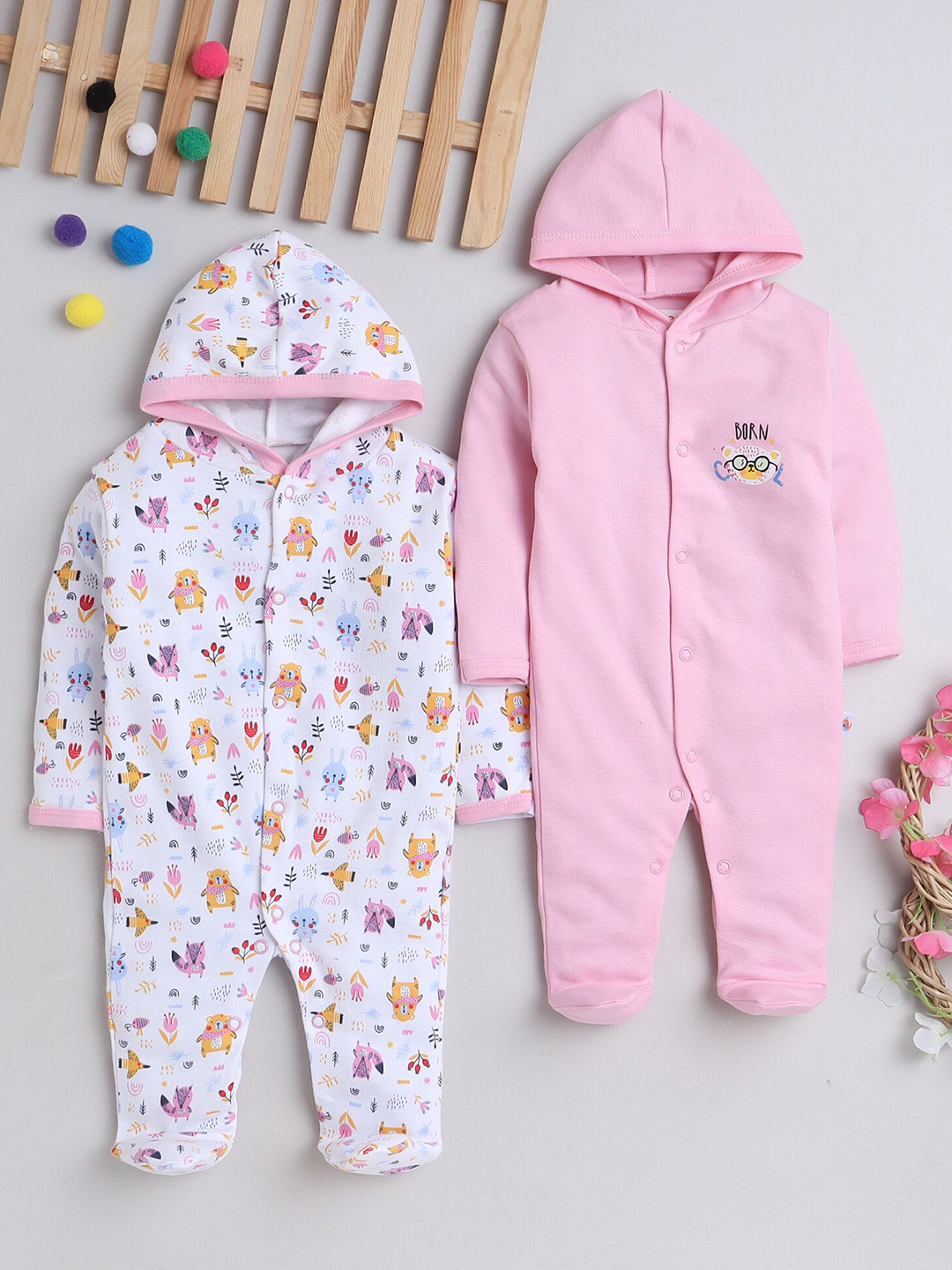 

BUMZEE Infant Girls Pack Of 2 Printed Hooded Cotton Sleepsuit, Pink