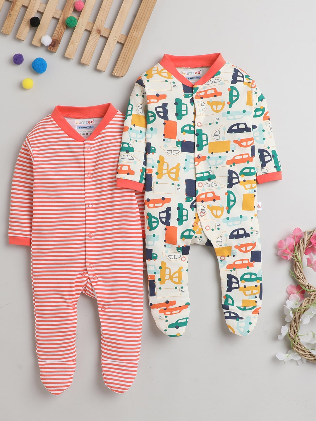 

BUMZEE Infant Boys Pack Of 2 Printed Cotton Sleepsuit, Cream