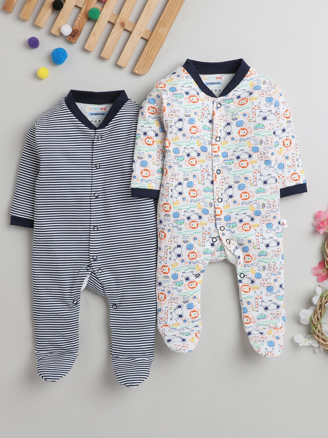 

BUMZEE Infant Boys Pack Of 2 Printed Cotton Sleepsuit, Navy blue