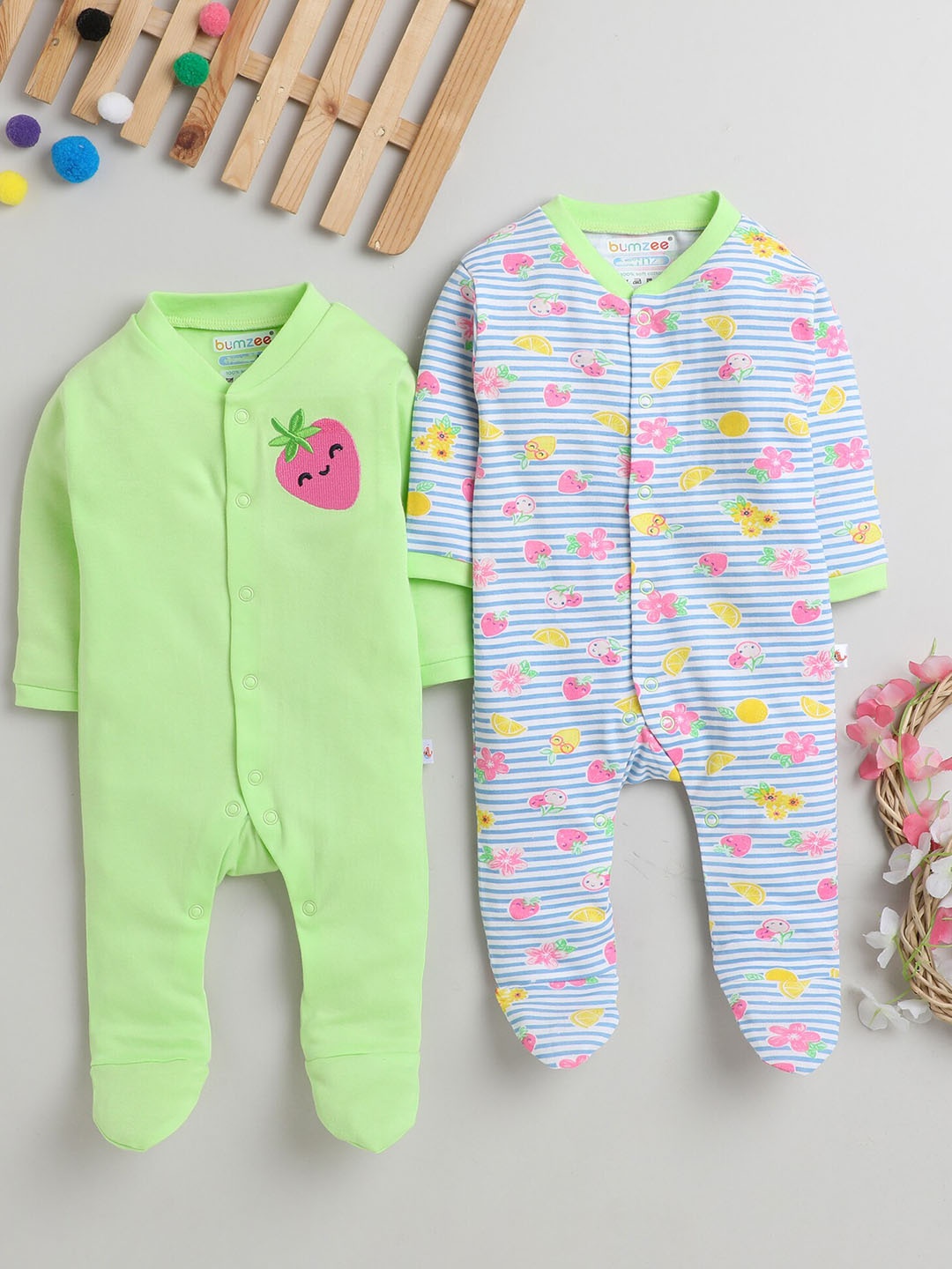 

BUMZEE Infant Girls Pack Of 2 Printed Cotton Sleepsuit, Green
