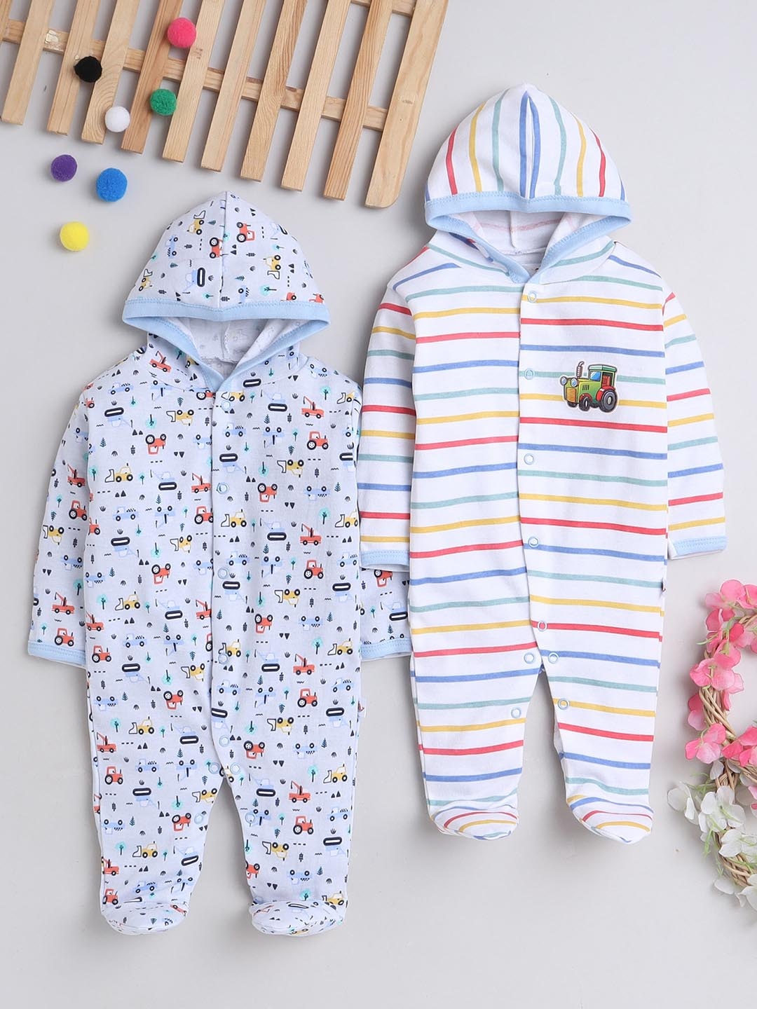 

BUMZEE Infant Boys Pack Of 2 Printed Hooded Cotton Sleepsuit, Blue