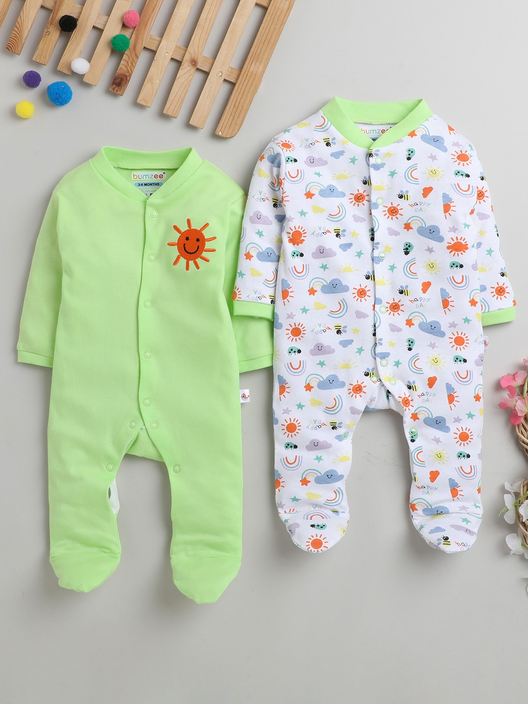 

BUMZEE Infant Boys Pack Of 2 Printed Cotton Sleepsuits, Green