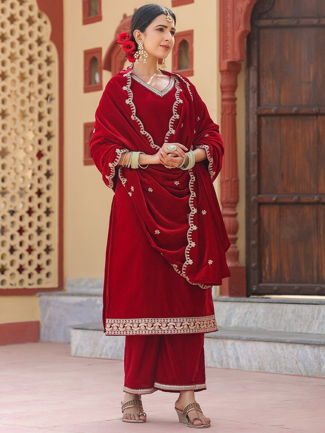 

Yufta Embroidered Sequinned Velvet Straight Kurta With Palazzos & Dupatta, Maroon