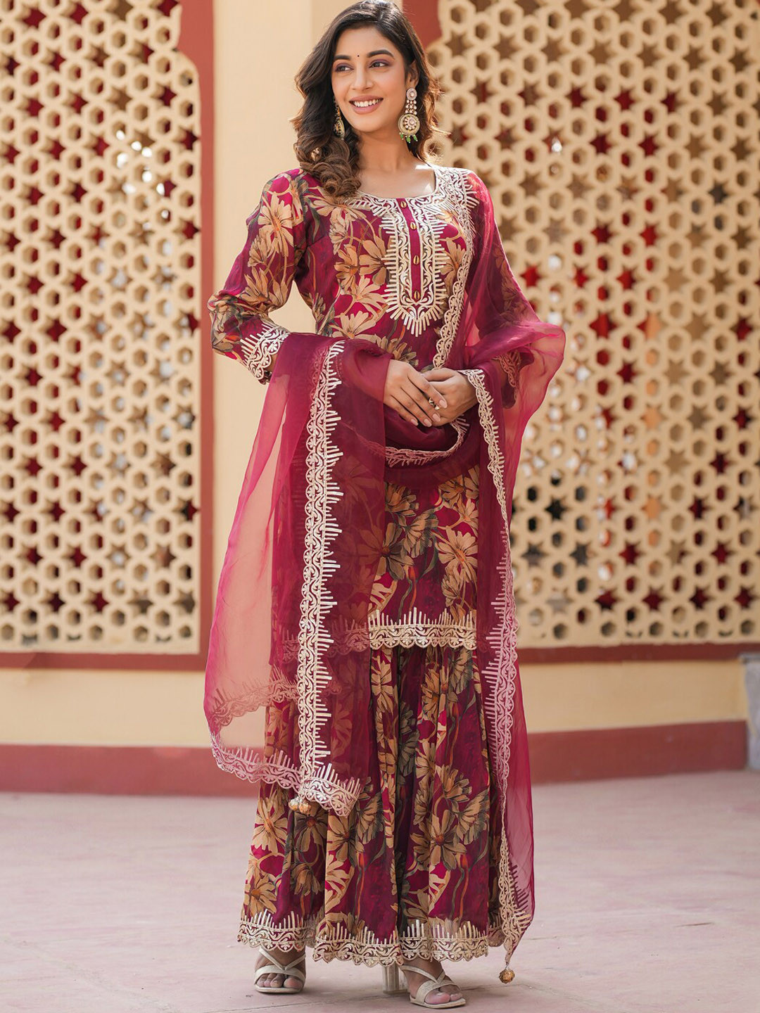 

Yufta Floral Printed Gotta Patti Kurta With Sharara & Dupatta, Burgundy