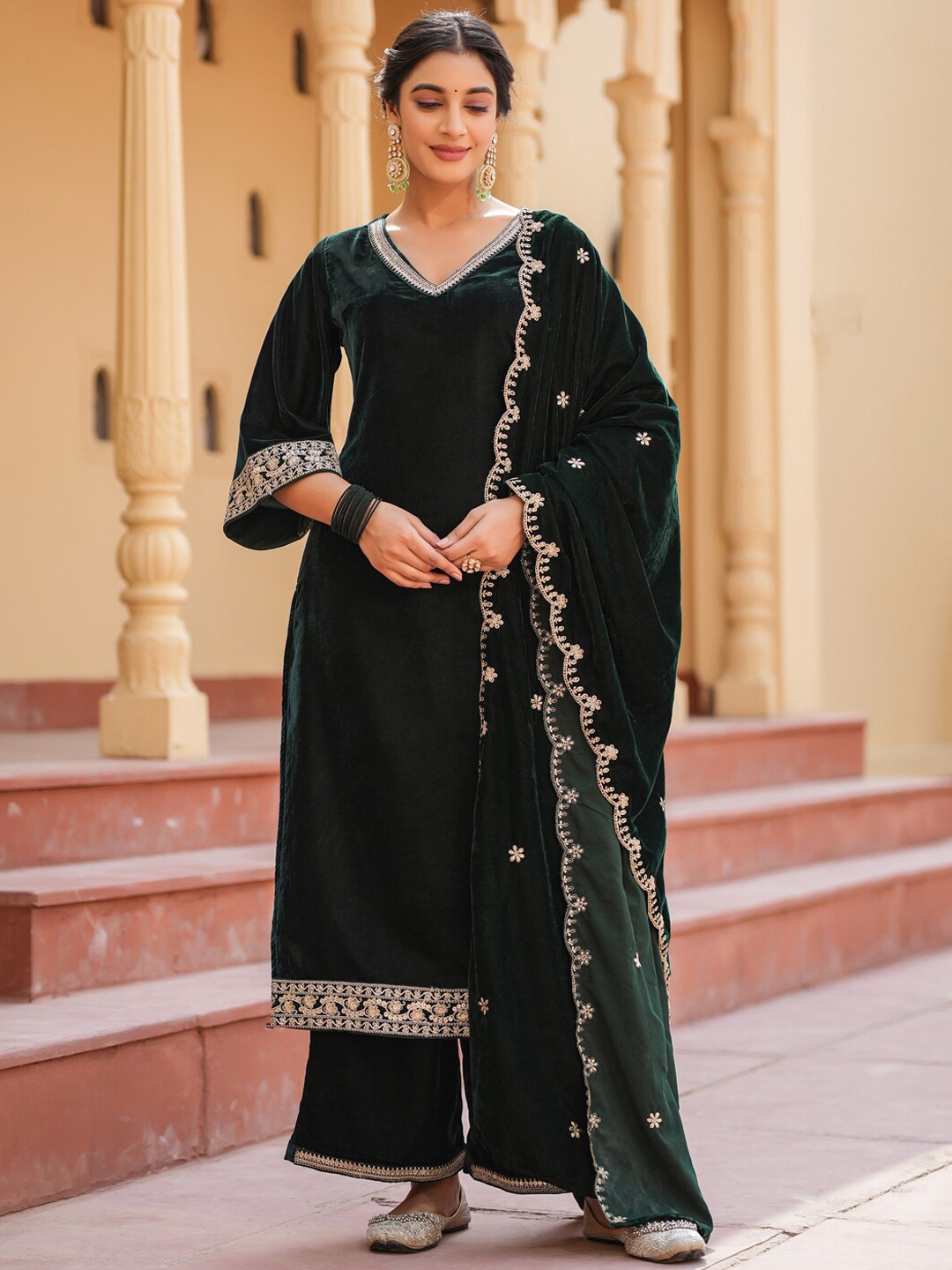 

Yufta Embroidered Sequinned Velvet Straight Kurta With Palazzos & Dupatta, Green