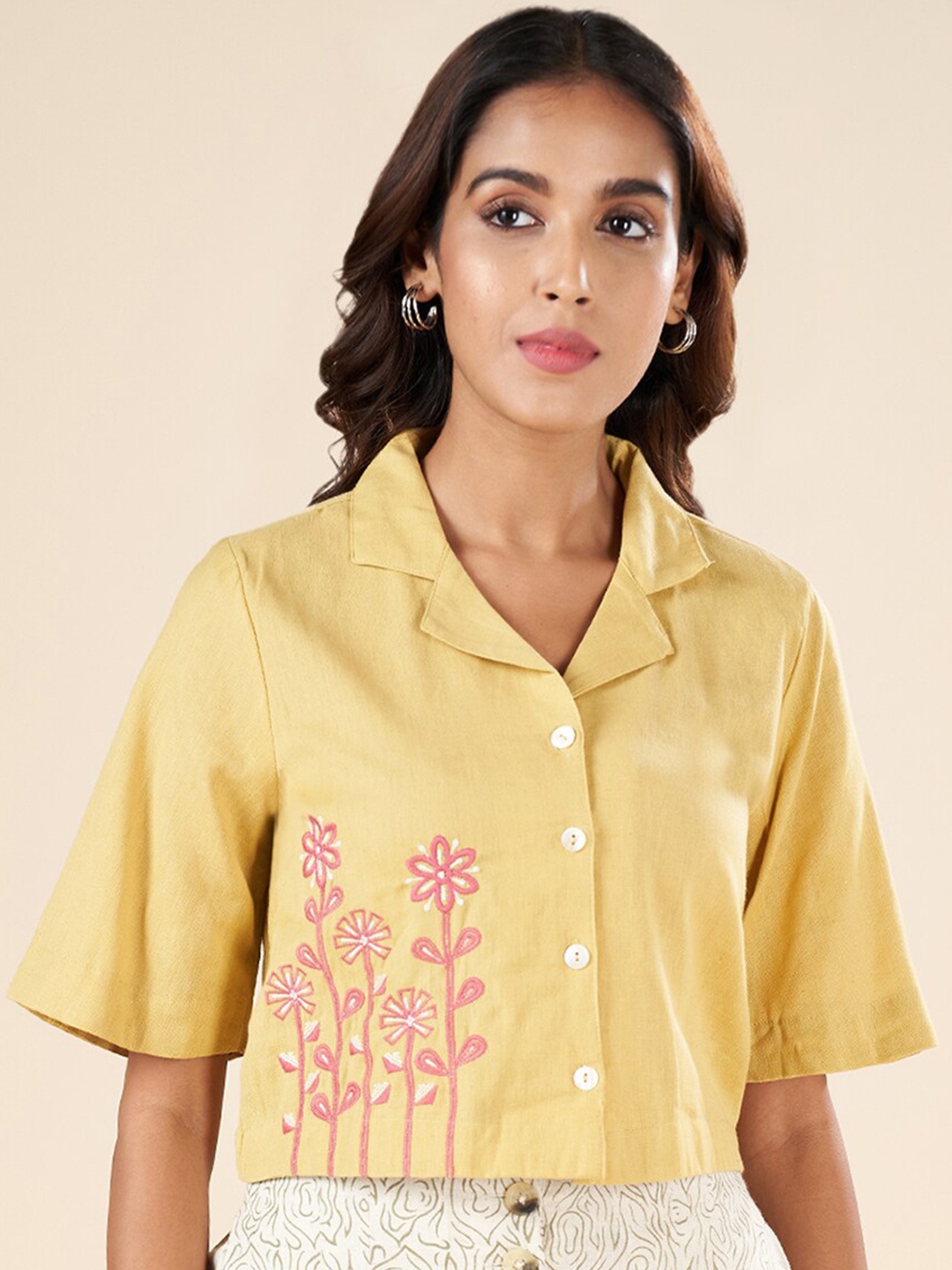 

AKKRITI BY PANTALOONS Floral Embroidered Flared Sleeves Cotton Shirt Style Top, Mustard