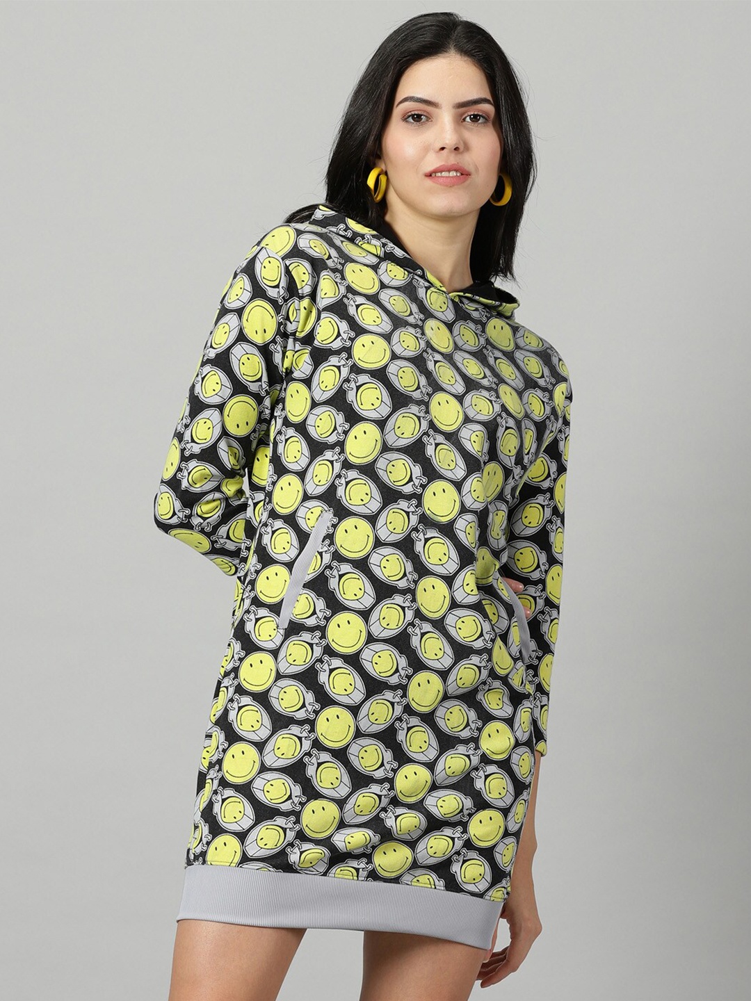 Rodzen Conversational Printed Cotton Hooded T-shirt Dress, Grey
