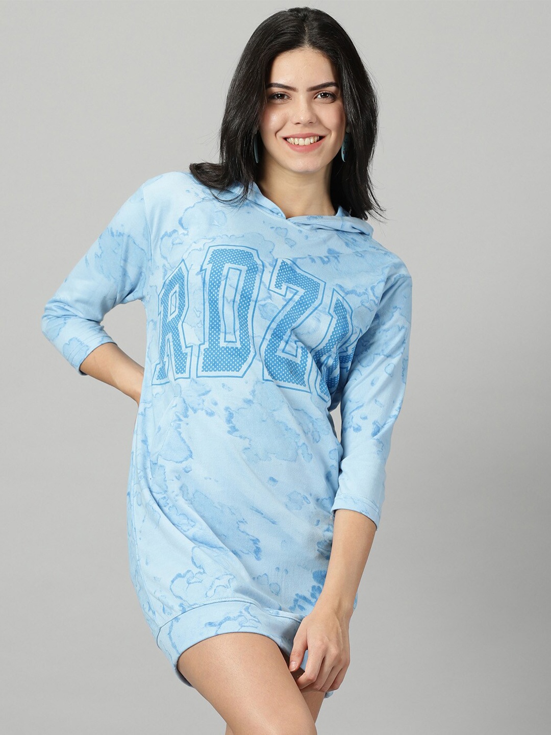 Rodzen Typography Printed Hooded Cotton T-shirt Dress, Blue