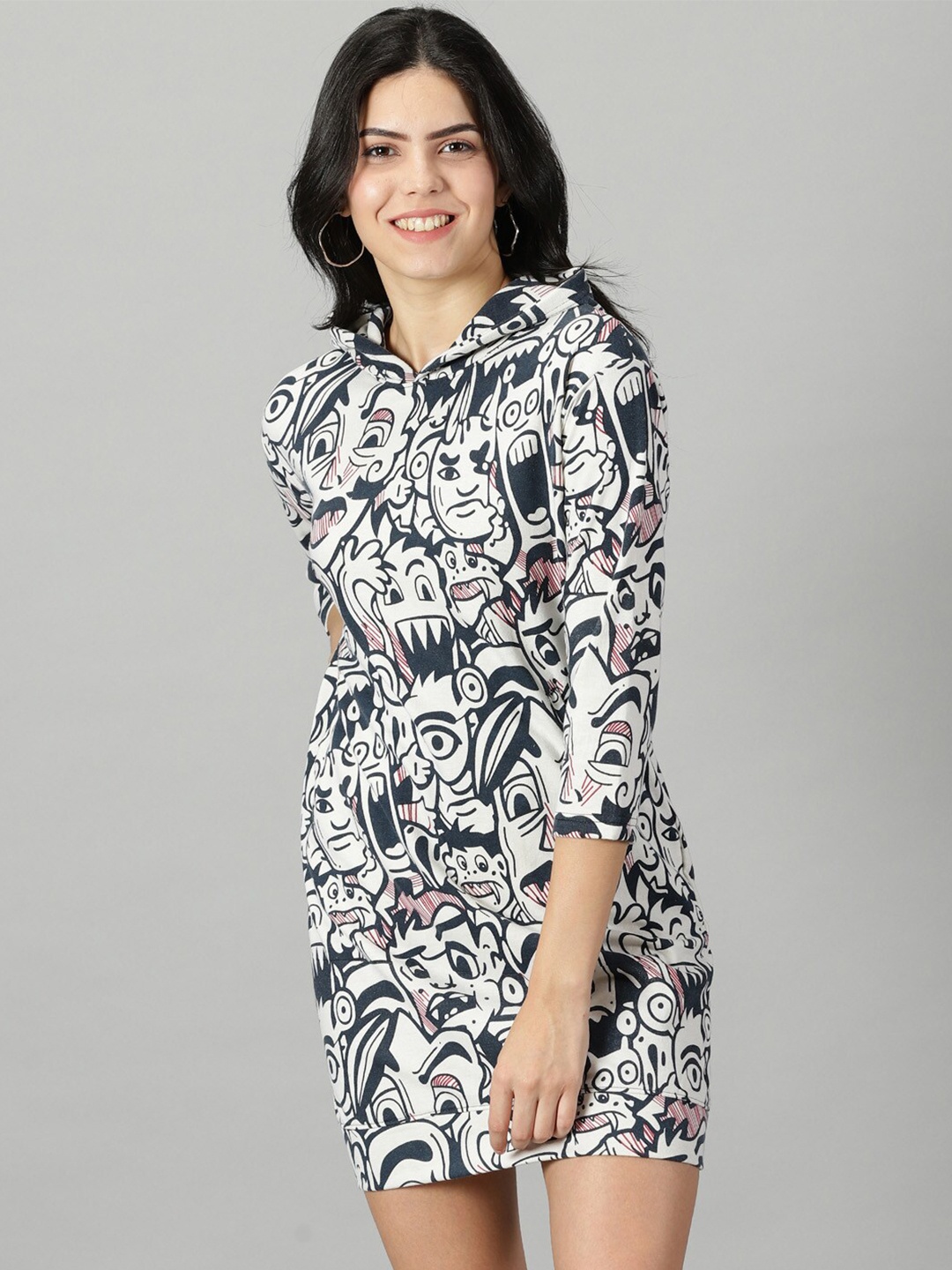 

Rodzen Conversational Printed Cotton Hooded T-shirt Dress, Cream