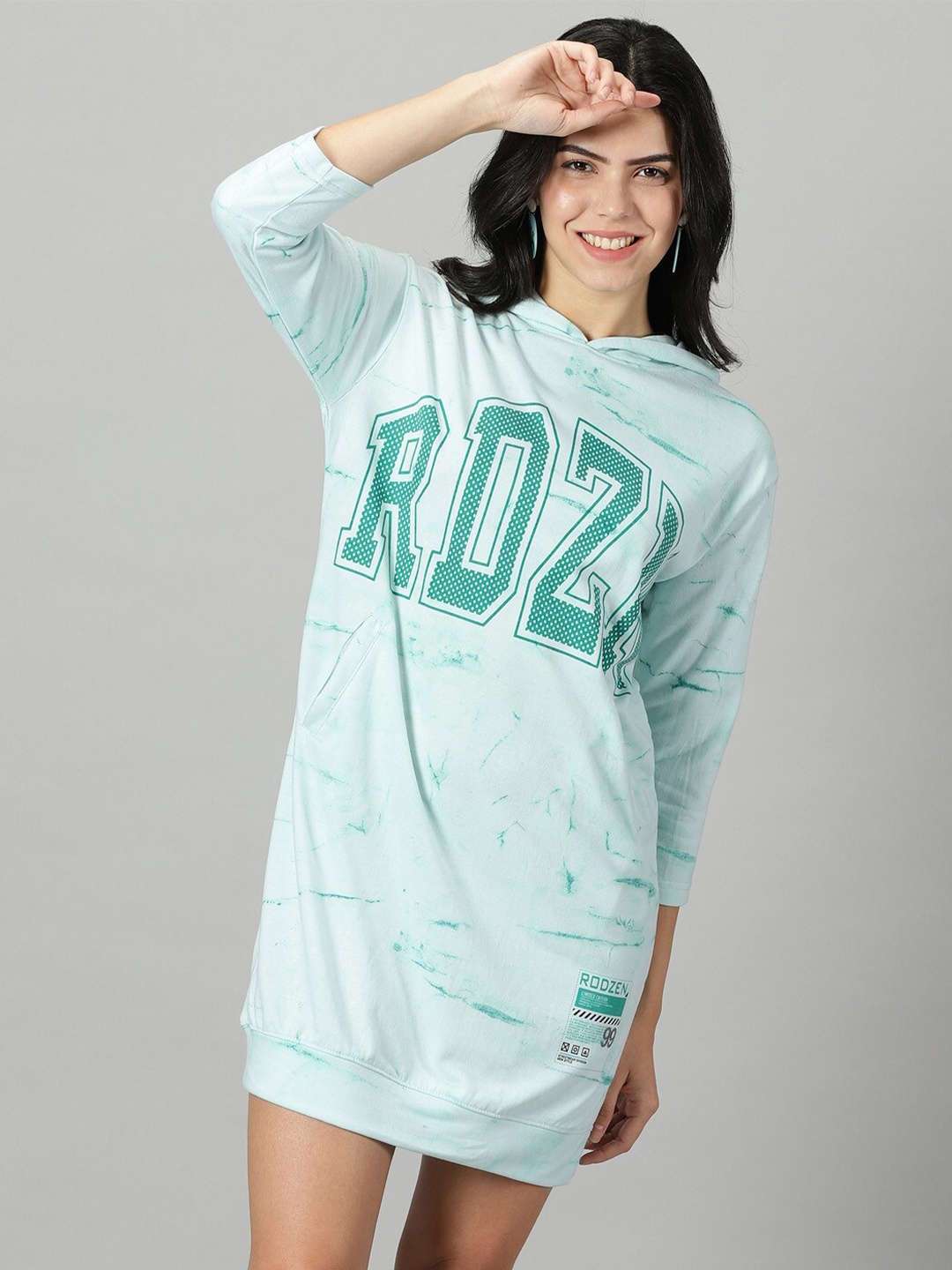 

Rodzen Typography Printed Hooded Cotton T-shirt Dress, Green