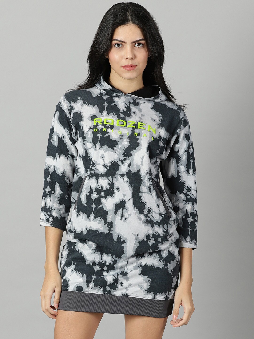 

Rodzen Abstract Printed Cotton Hooded T-shirt Dress, Grey