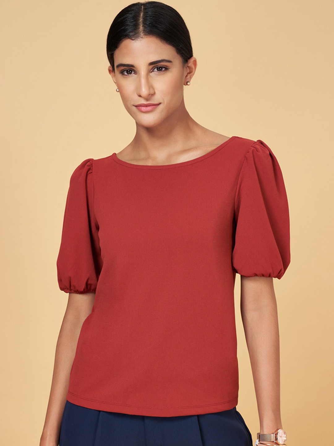 

Annabelle by Pantaloons Round Neck Puff Sleeves Top, Brown