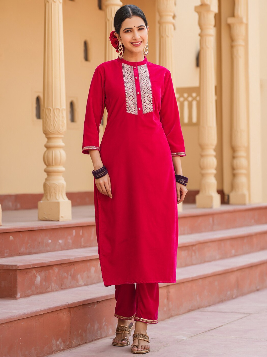 

Yufta Pink Yoke Design Embroidered Velvet Kurta with Trousers