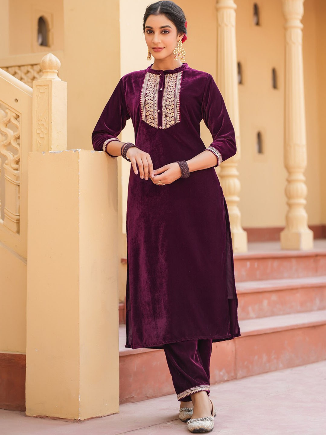 Yufta Floral Embroidered Yoke Design Zari Velvet Kurta With Trousers, Purple