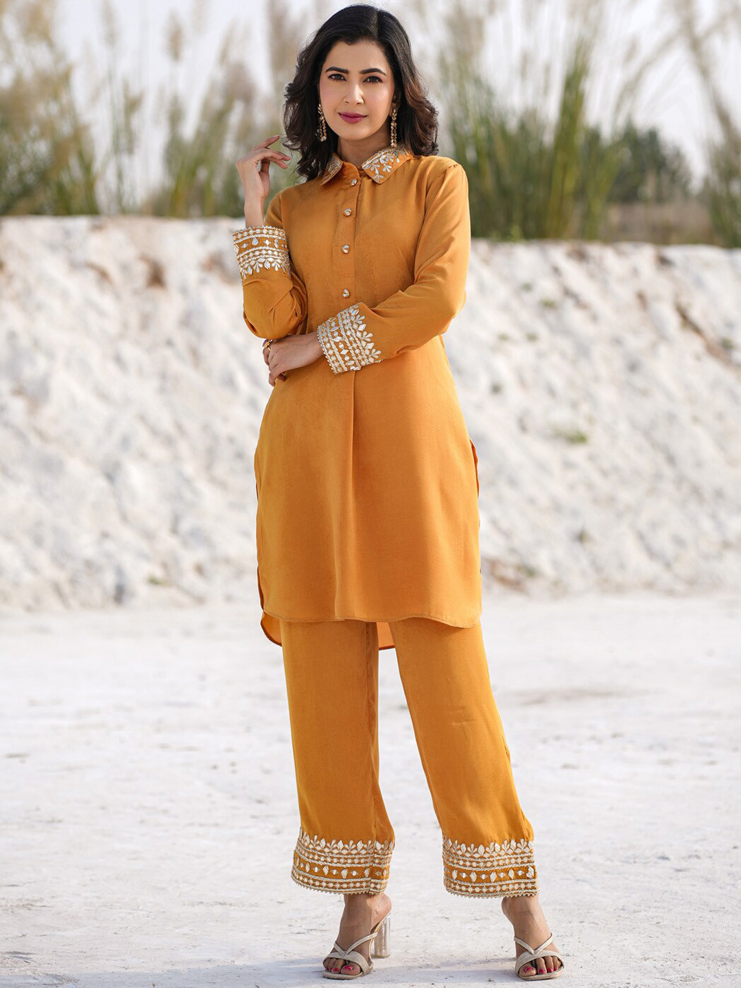 

Yufta Floral Embroidered Pure Silk Co-Ords, Mustard