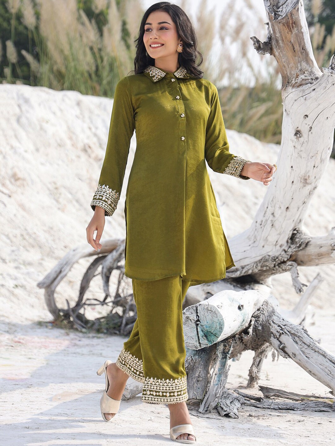 

Yufta Shirt Collar Straight Tunic & Trousers, Olive