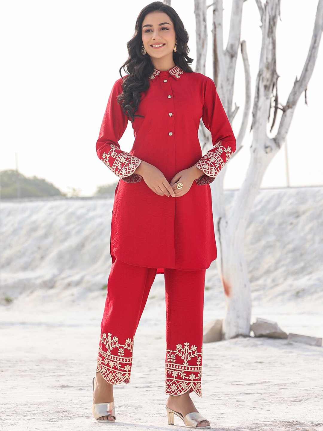 

Yufta Floral Embroidered Pure Silk Co-Ords, Red