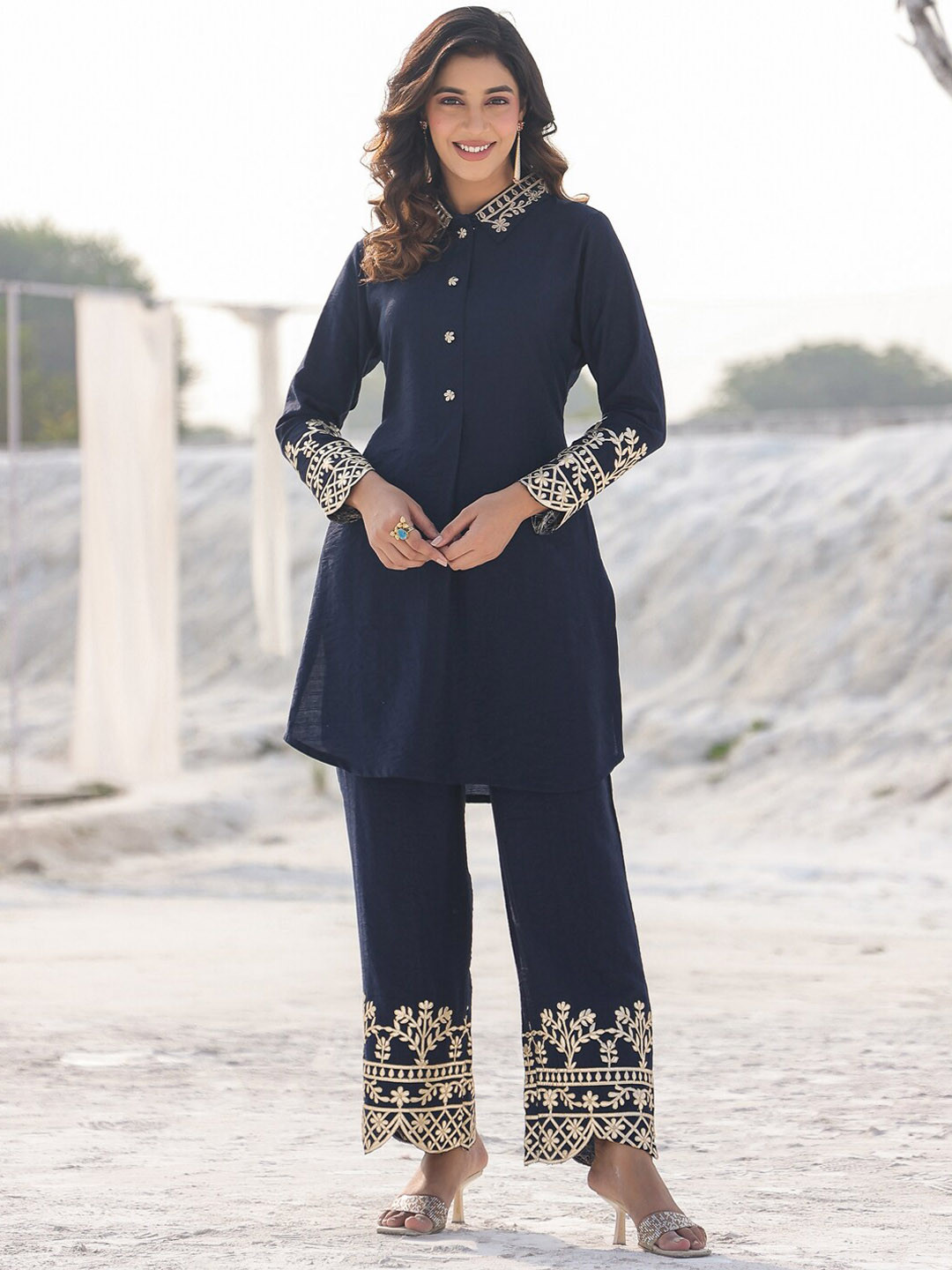 

Yufta Navy Blue Embroidered Regular Pure Silk Co-Ords